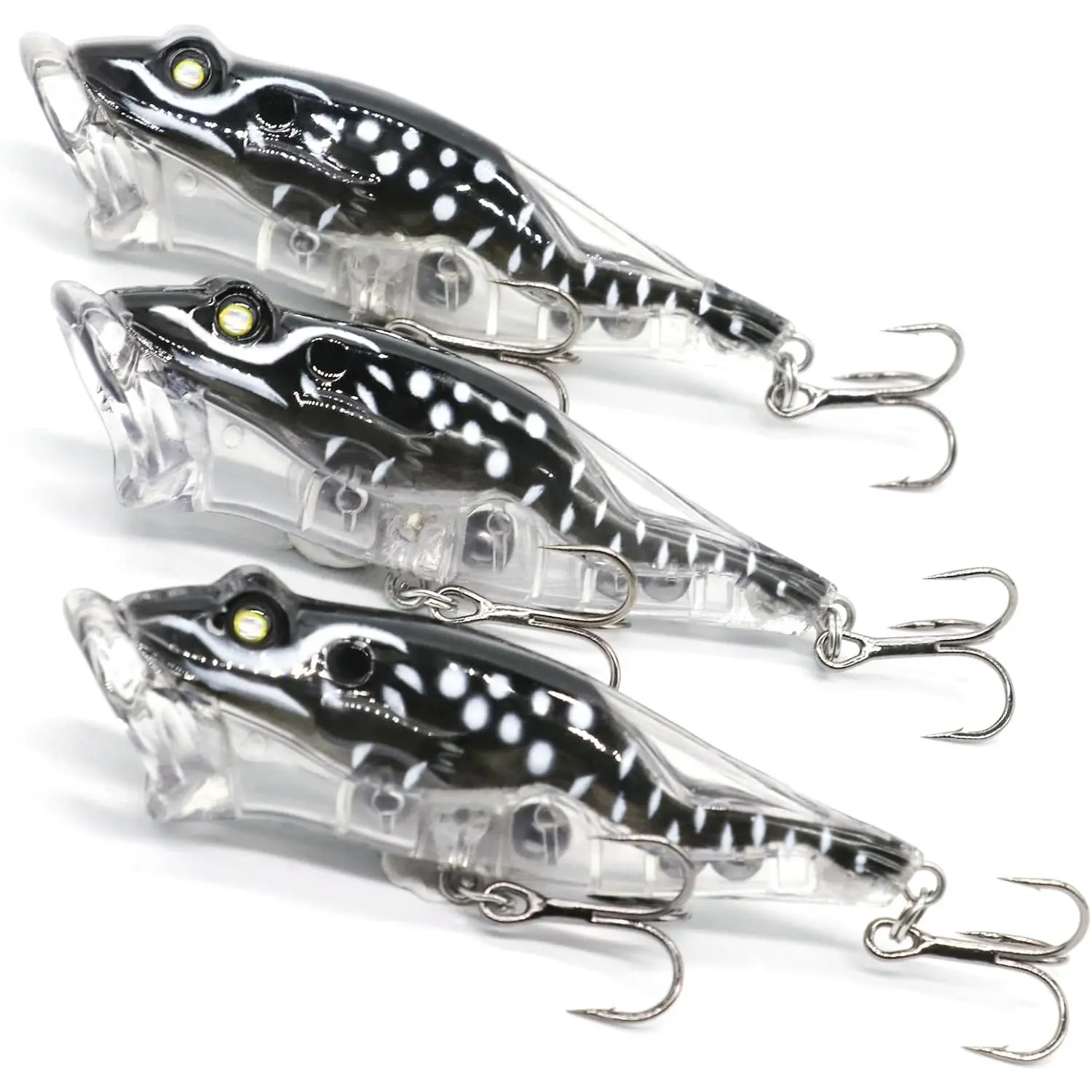 3 count Popper Topwater Fishing Lures with Treble Hooks, Whopper Floating Splashing Popper with Rattles, Freshwater Saltwater Lures for Bass