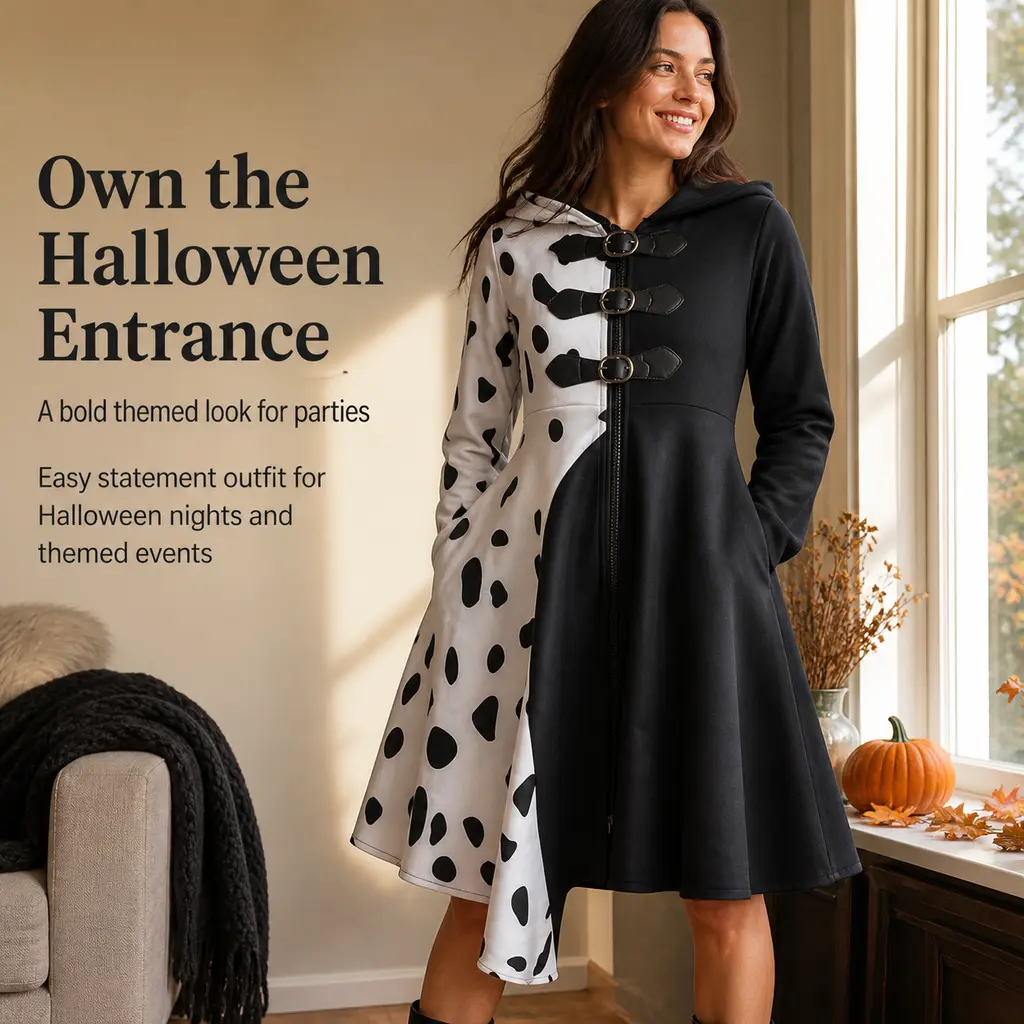 Women Cruella De Vil Fancy Dress Long Sleeve Hooded Irregular Hem Cosplay Gown