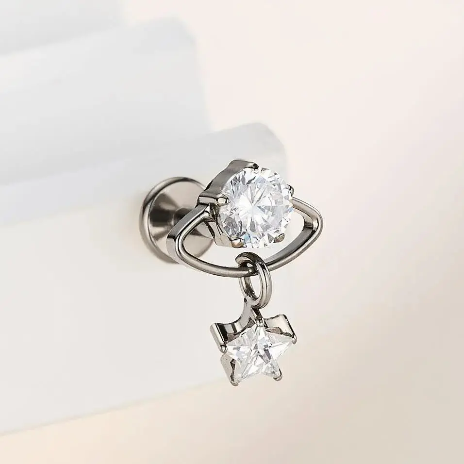 16G Titanium AAAAA+ Grade CZ Star Charm Stud, Internally Threaded Flat Back Body Jewelry for Cartilage, Helix Piercings with Secure Fit