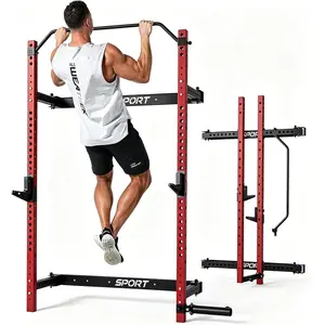 Wall-Mount Foldable Squat Power Rack, 1100 LBS Load Rating Home Gym Power Cage | 2.36"×2.36" Compact Frame Equipped with Pull-Up Bar, J-Hooks and Landmine Attachments, Ideal for Garages, Basements & Compact Workout Spaces