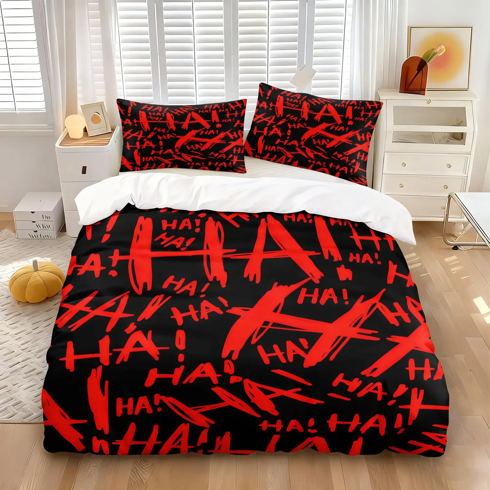 Black Base Red Graffiti HA Slogan Duvet Cover Set, 1 Duvet Cover + 1/2 Pillowcases, Edgy Street Art Text Print Bedding Set, Soft Microfiber All Season, Grunge Punk Bedroom Decoration, Gift for Streetwear Slogan Enthusiast
