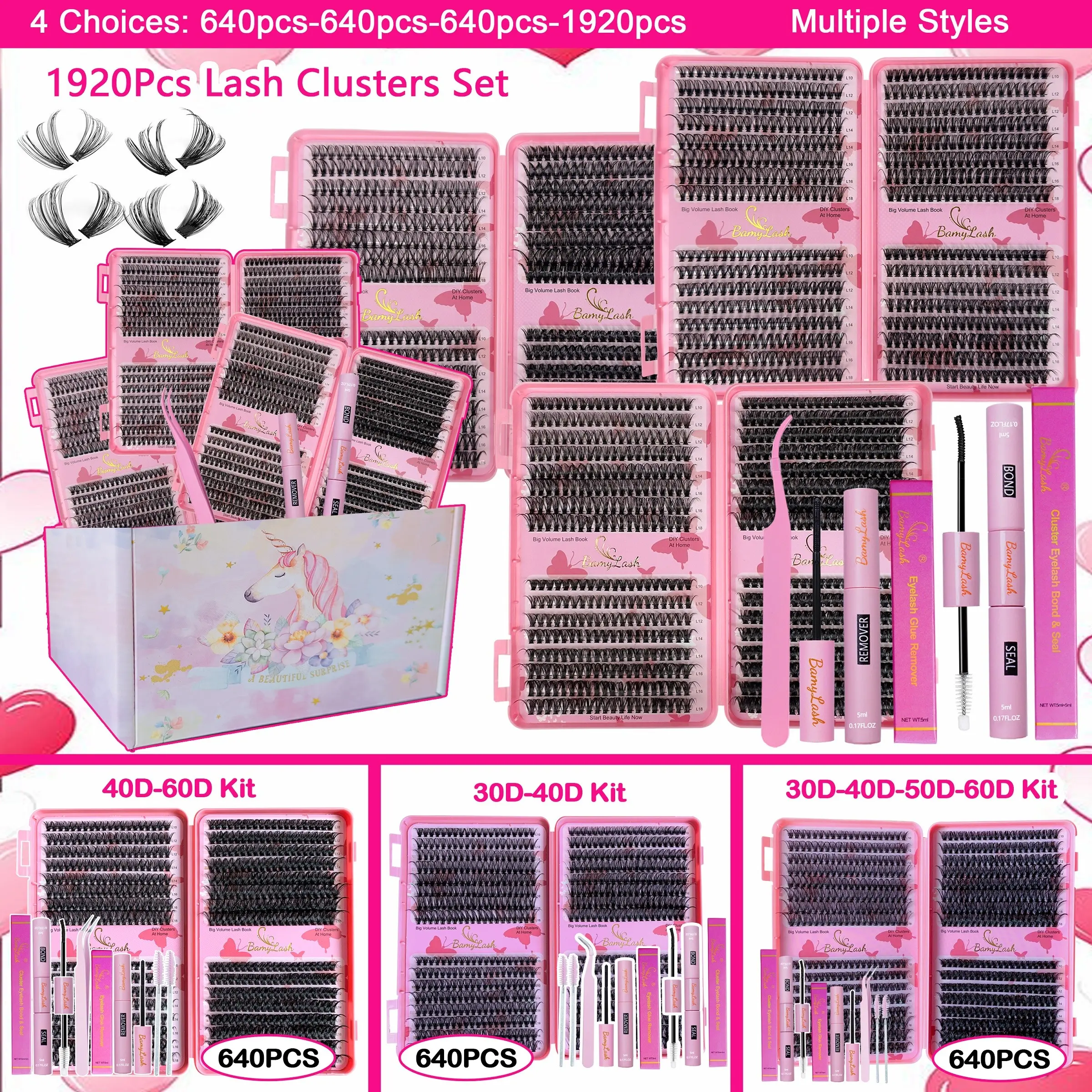 1920CS/640PCS D Curl Lash Clusters Kit, Makeup Lash Clusters, Eyelashes Extension Kit, 4 Styles Natural Lashes with Bond & Seal, Remover, Lash Applicator Set, Easy-to-Apply DIY Eyelash Extensions Kit, Mixed Lash Clusters