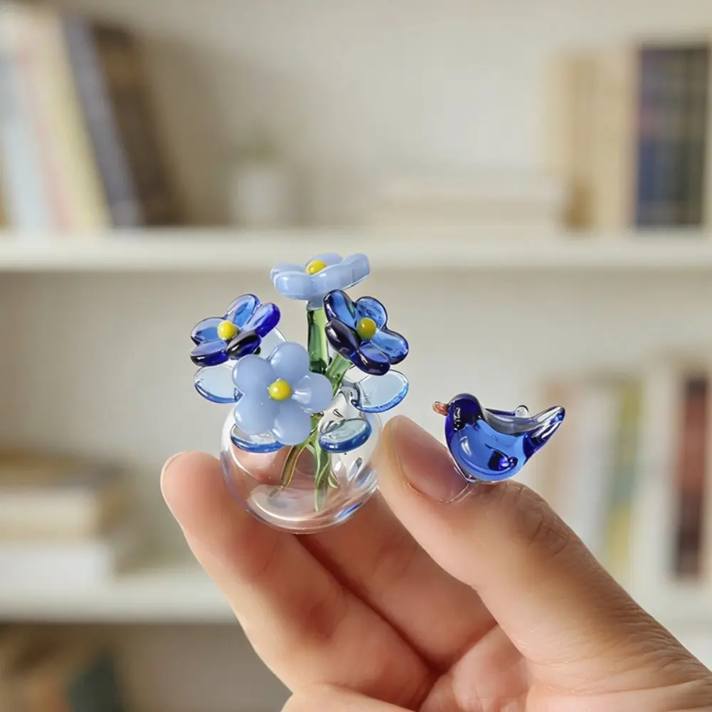 1set Mini Glass Flower Bouquet with Vase & Glass Bird Decor - Artificial Rose Arrangement, Flower Arrangements Suitable for Home, Wedding, Table Centerpiece, Balcony/Shelf Decoration，desk ornament
