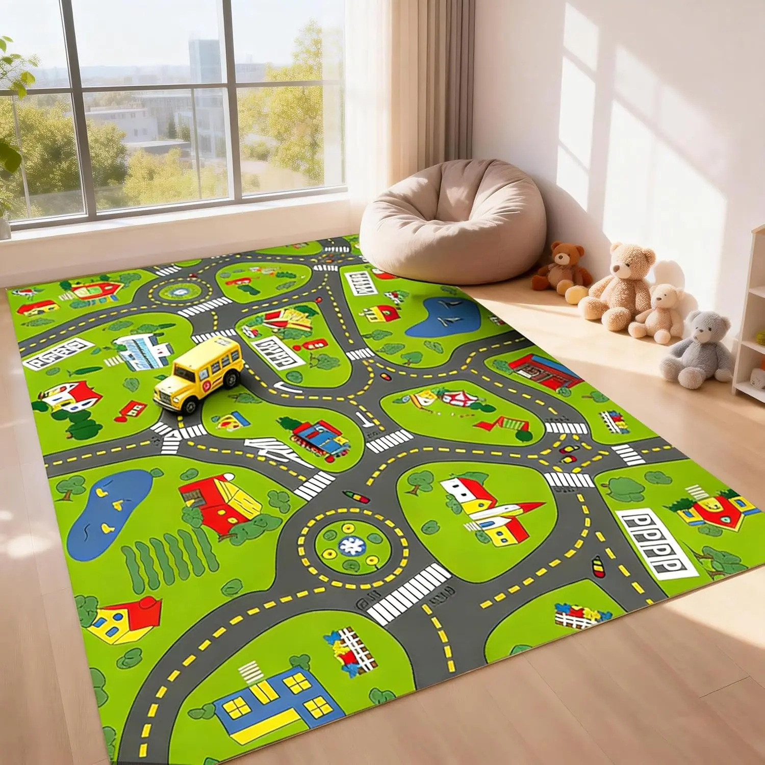 Non-Slip Kids Town Play Rug, Kids Road Playmat Rug for Toy Cars, Large Washable Car Track Mat for Bedroom Playroom Nursery