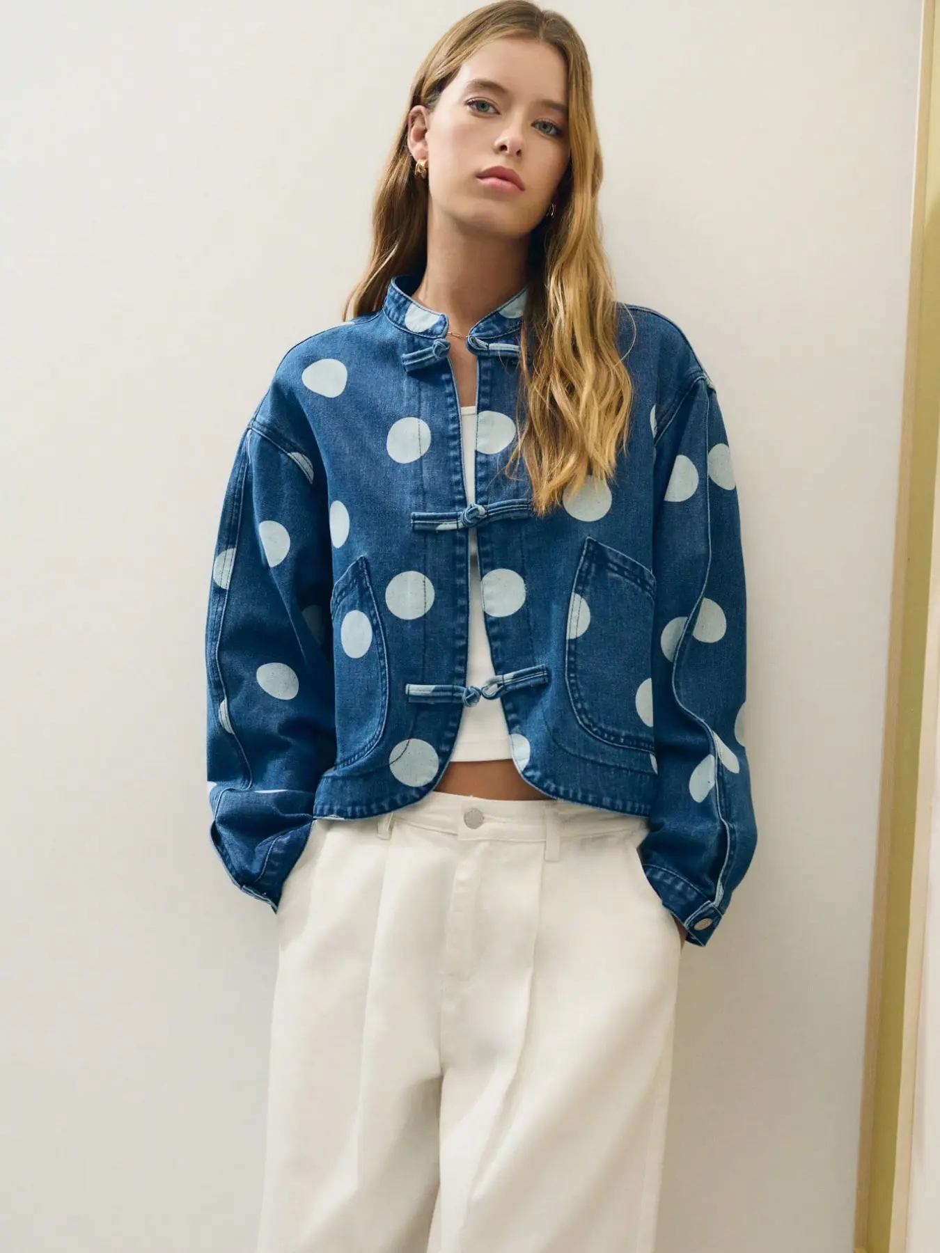 Women’s Trendy Chinese Frog Button Denim Jacket, Polka Dot Vintage Casual Short Coat for Autumn Streetwear & Daily Outfit
