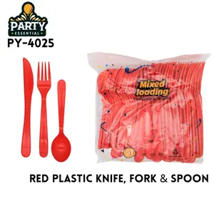 Plastic cutlery set - red - 51 piece dinnerware set for home and party use (includes knives, forks, and spoons)