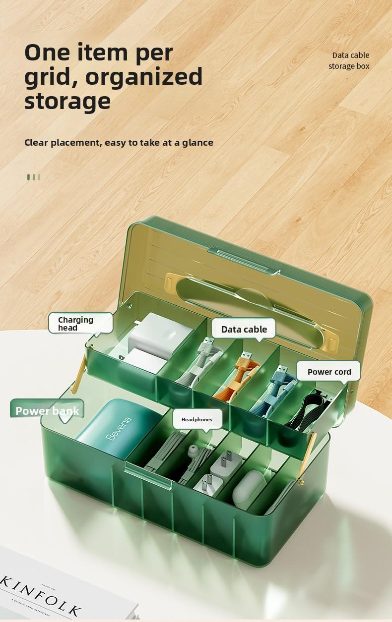 Data cable storage box with compartments, cable organizer, mobile phone charging cable desktop drawer, dustproof flip-top storage box