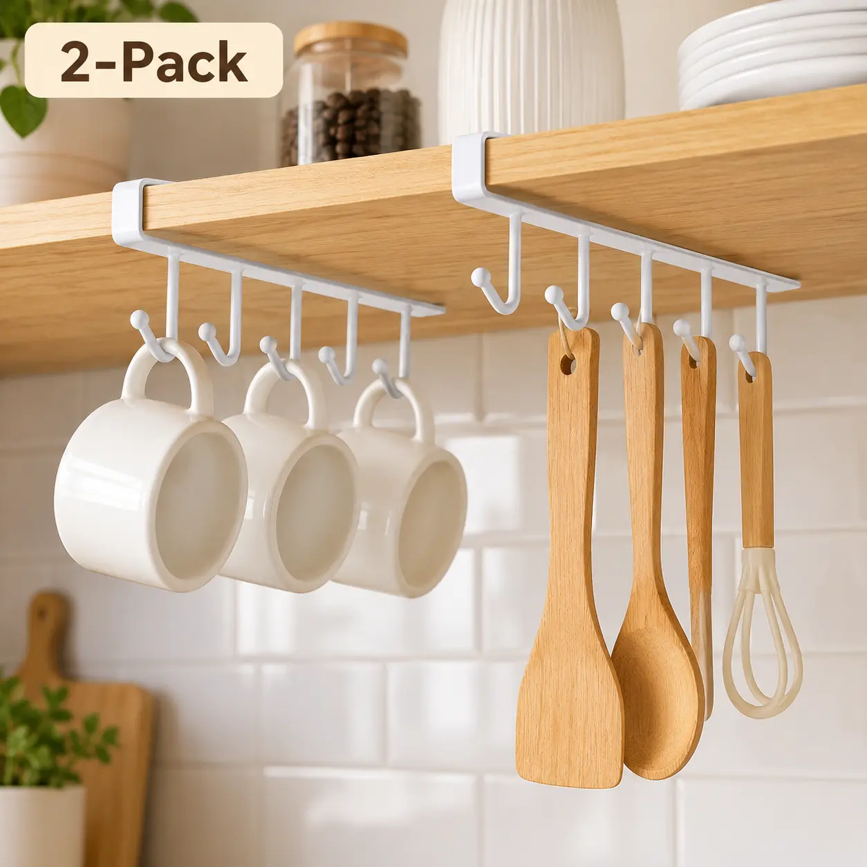 2 Pack No Drill Under Shelf Hook Rack – Closet Organization for Mugs, Ties & Kitchen Tools, White/Black