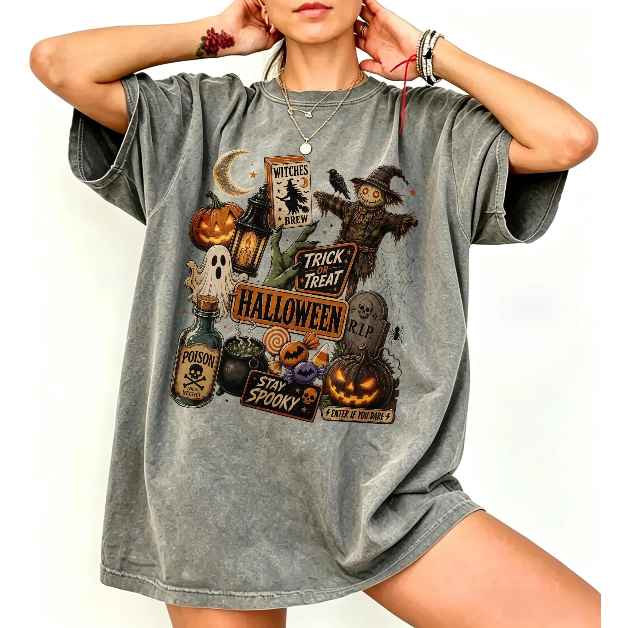 Vintage Halloween  Washed T-Shirt, Pumpkin Ghost Scarecrow Tshirt, Spooky Halloween Shirt, Spooky Party Tee, Halloween Graphic Tee,Horror Halloween Gift