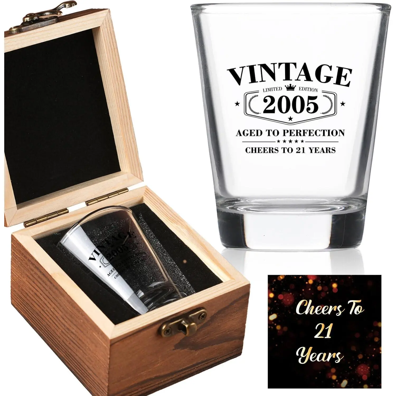 21st Birthday Gifts for Him 2026- Limited Edition  2005 Shot Glass with Wooden Box - Cheers To 21 , Finally 21st Birthday Party Decoration - Turning 21 Bday  for Men