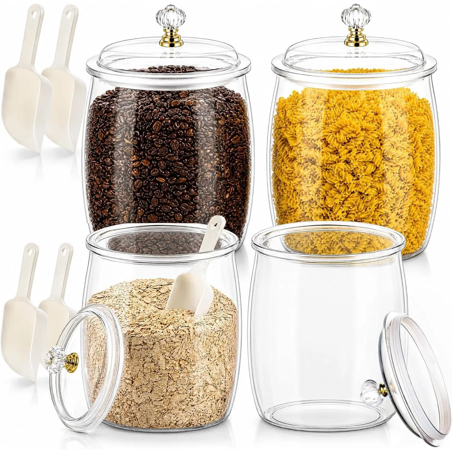 4 Pack Plastic Candy Jar with  & Scoops, 0.58 Gallon Clear Airtight Cookie Storage Canister, 75 OZ Large Laundry Detergent Holder,  Container for Candy Buffet, Flour, Snack, Coffee