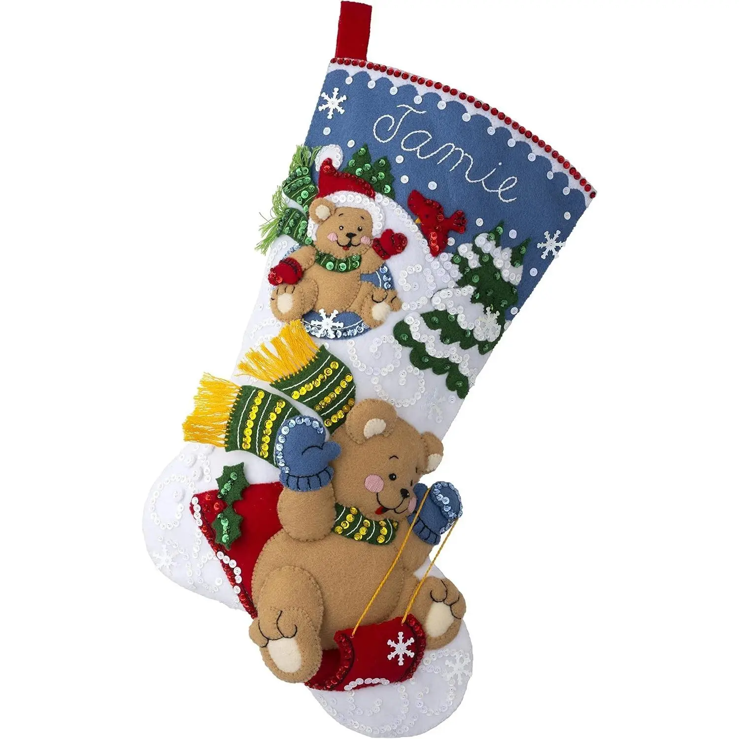 Felt Applique 18" Stocking Making Kit, Sledding Bears, Perfect for DIY Arts and Crafts, 89555E