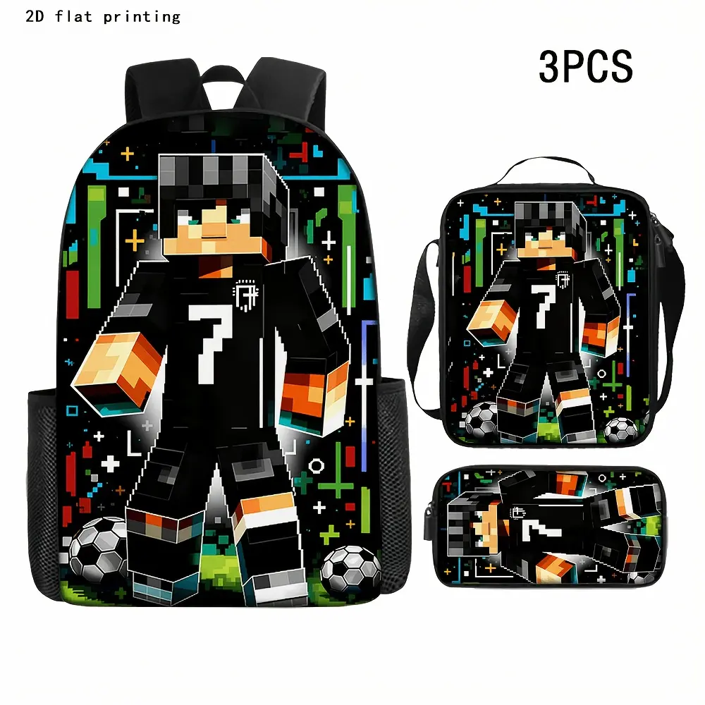 3PCS Water Resistant Backpack Set, Minecraft No.7 Football Pixel Character Graffiti Tech Print Backpack Insulated Lunch Bag Pencil Case 600D Oxford Sandbox Game Soccer Fans Student Daily Kit