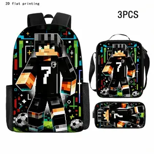 3PCS Water Resistant Backpack Set, Minecraft No.7 Football Pixel Character Graffiti Tech Print Backpack Insulated Lunch Bag Pencil Case 600D Oxford Sandbox Game Soccer Fans Student Daily Kit