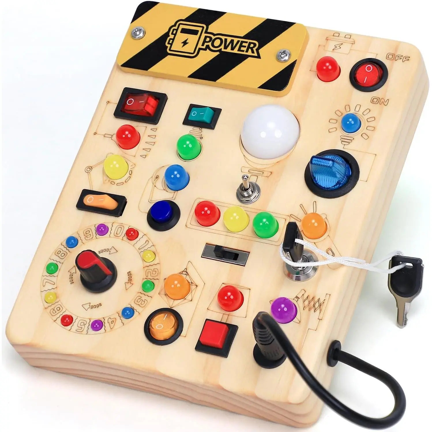 Busy Board with LED Light Switches,  Toys for 1 2 3 Years Old, Toddlers Wooden Toy Sensory Activity Board, Travel Toys for 1+ Year Old Boy & Girl Birthday Gift