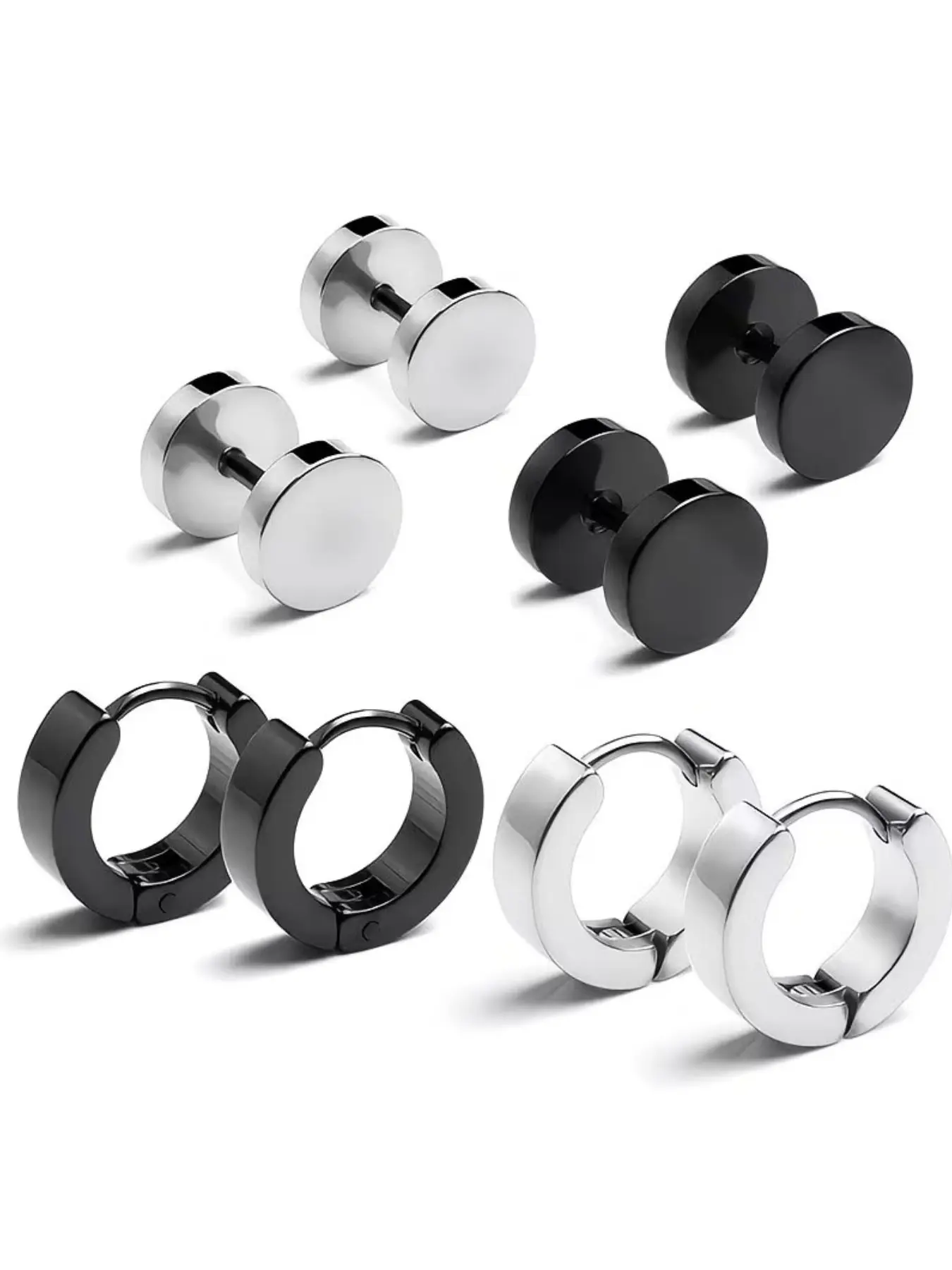 8 Pcs Silver Color 316 Stainless Steel Dumbbell Earrings Set, Earring Stacks, Hypoallergenic Non-Tarnish, Punk Hip Hop Style, Unisex Multi-Piercing Jewelry