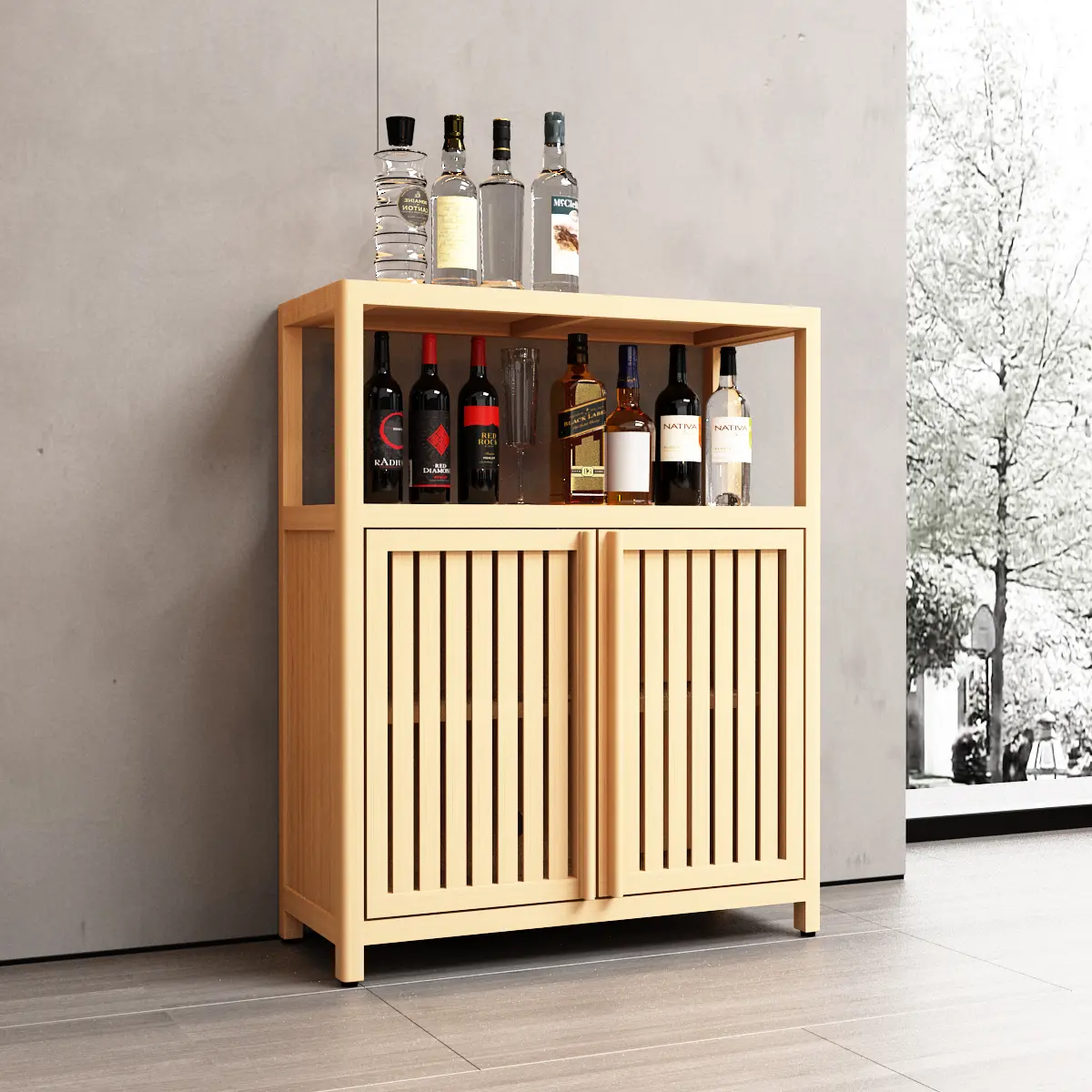 Durable Indoor Natural Bamboo Wood Freestanding Floor Stand Storage Cabinet - 2 Louvered Doors, Moisture-Proof Rounded Edge, Eco-Friendly Multi-Purpose Organizer, Easy Assembly Instructions, for Pantry, Bathroom, Kitchen Organization Compartments Cabinets