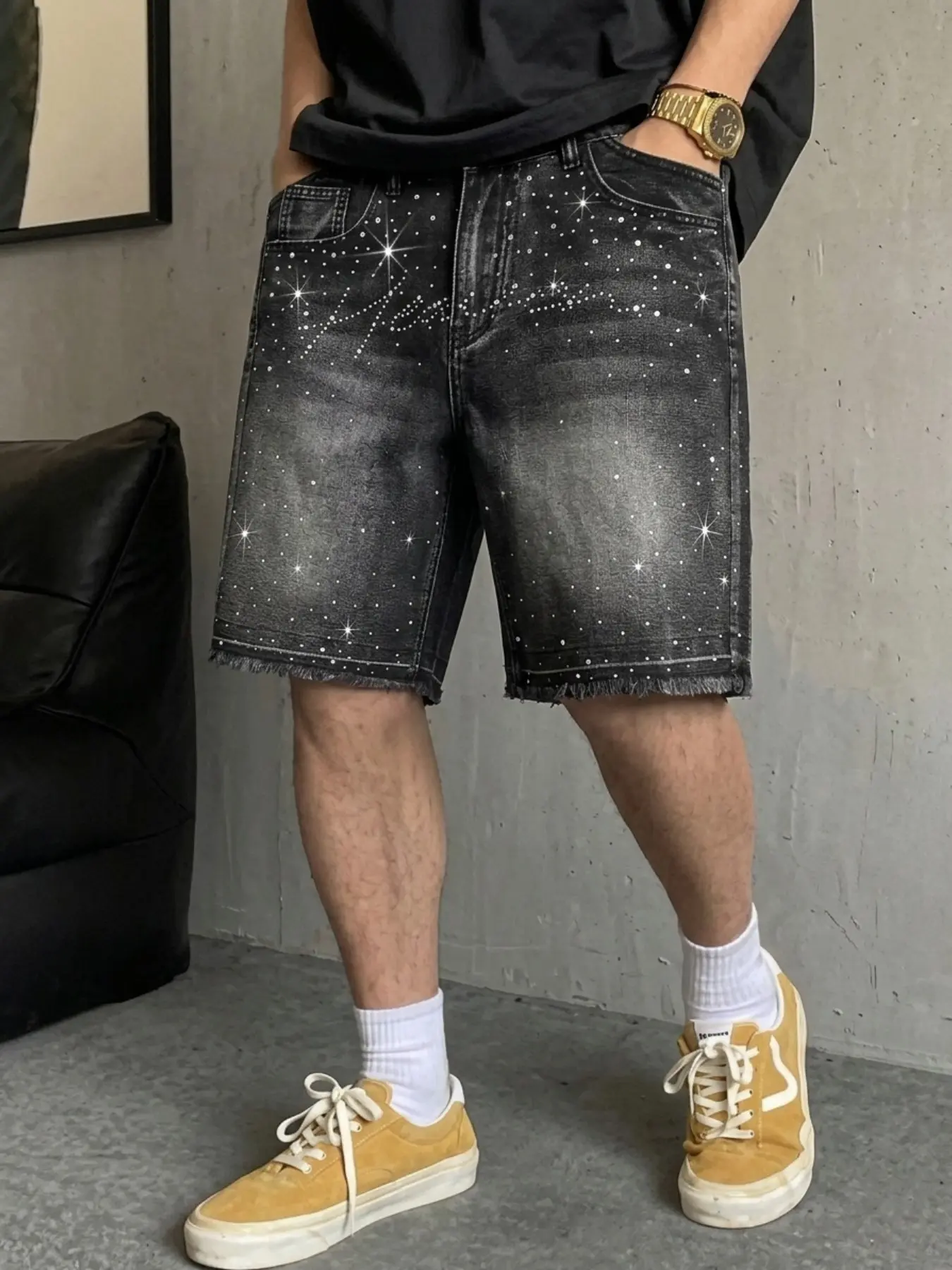 Y2K Boys' Heavy-Duty Rhinestone Jeans Shorts, Frayed Edge Distressed Washed Five-Quarter Straight Leg Pants