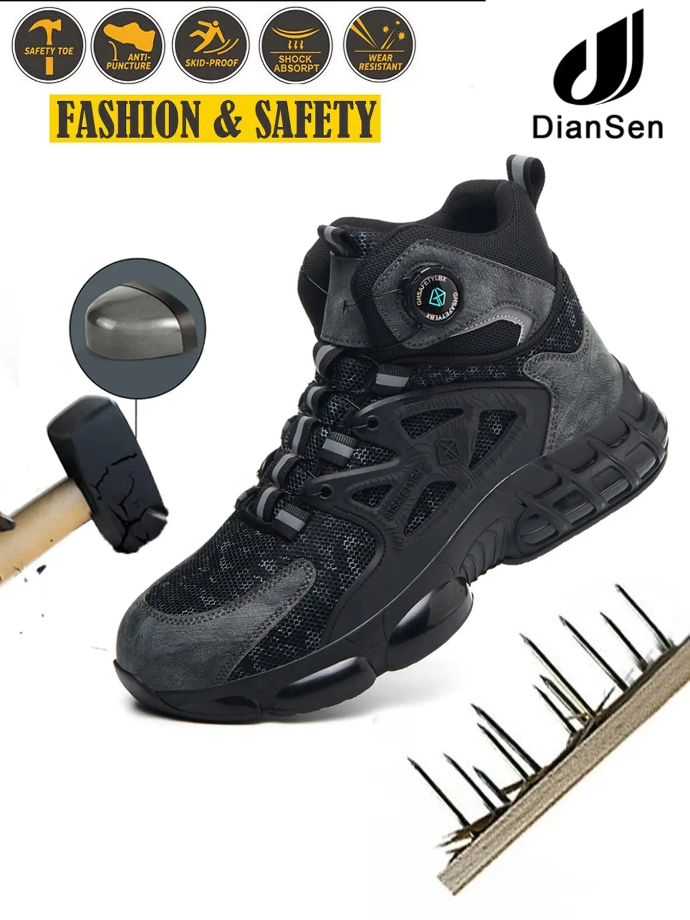 Steel Toe Shoes for Men, Durable Steel Toe, Work Shoes for Construction Breathable Anti Smash Sneakers for Warehouse Lightweight Safety Indestructible Sneakers for Industrial all-season outdoor Rotary Buckle High top sneakers