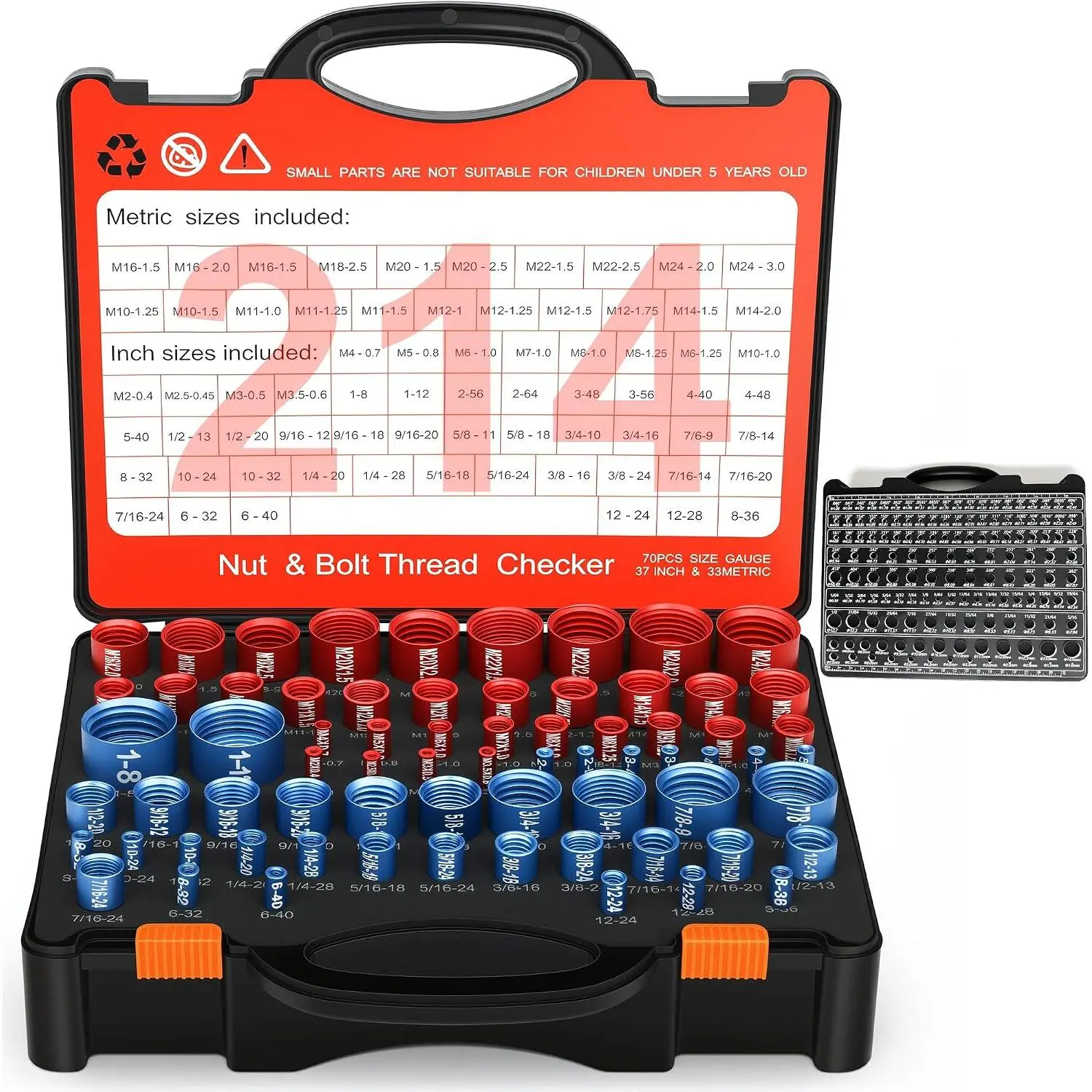214- Nut and Bolt Thread Checker Kit | 37 SAE (Blue) + 33 Metric (Red) Thread Gauges + 144 Drill Bit Gauge, Bolt Size Finder for Mechanics DIY & Tight Spaces
