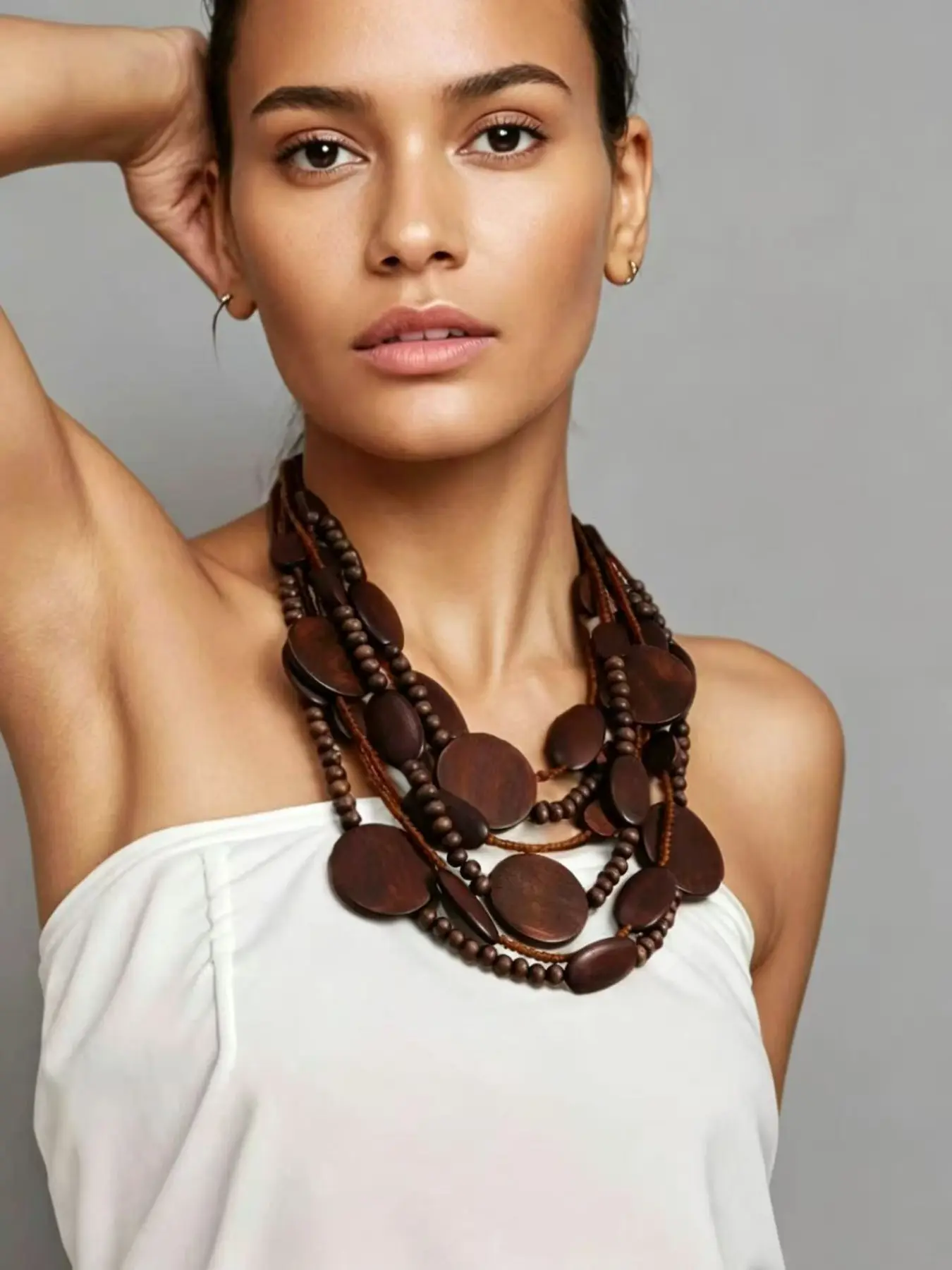 Bohemian Multi Layer Wooden Disc Necklace Vintage Chunky Wood Beaded Collar Neck Jewelry for Women Holiday Beach Accessories
