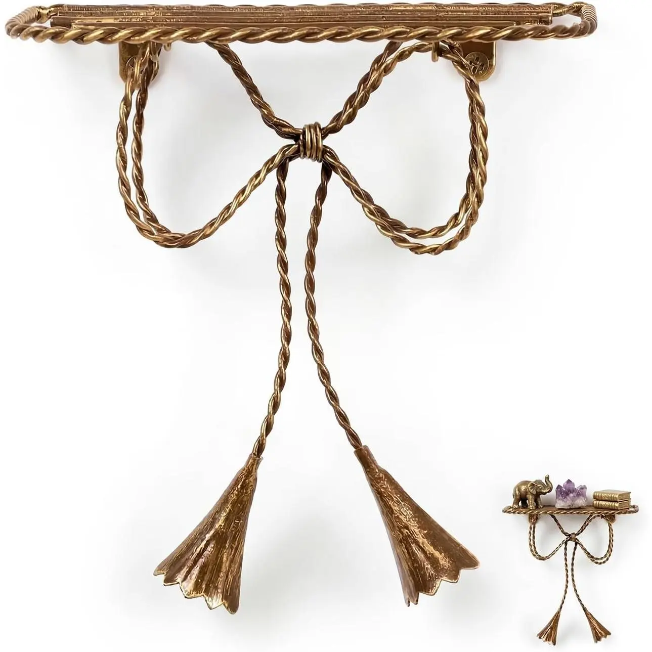 Yinkin Vintage Gold Bow Floating Shelf - Metal Wall-Mounted Rack with Hook, Easy Installation, Decorative Blank Wall Decor Solutions for Home Farmhouse Rustic DIY Shelf Ideas, Small Space Decor