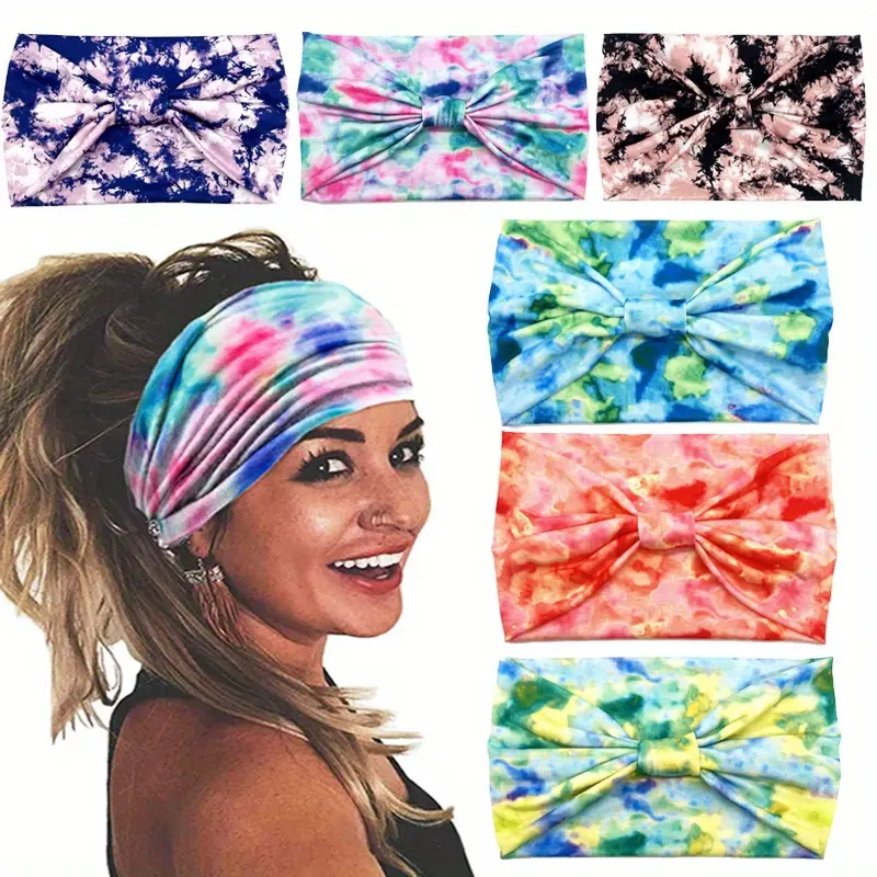 4Pcs/Pack Women's African Style Tie Dye Printed Headband, Yoga Breathable Elastic Sports Fitness Wide Edge Sweat Absorbing Headband