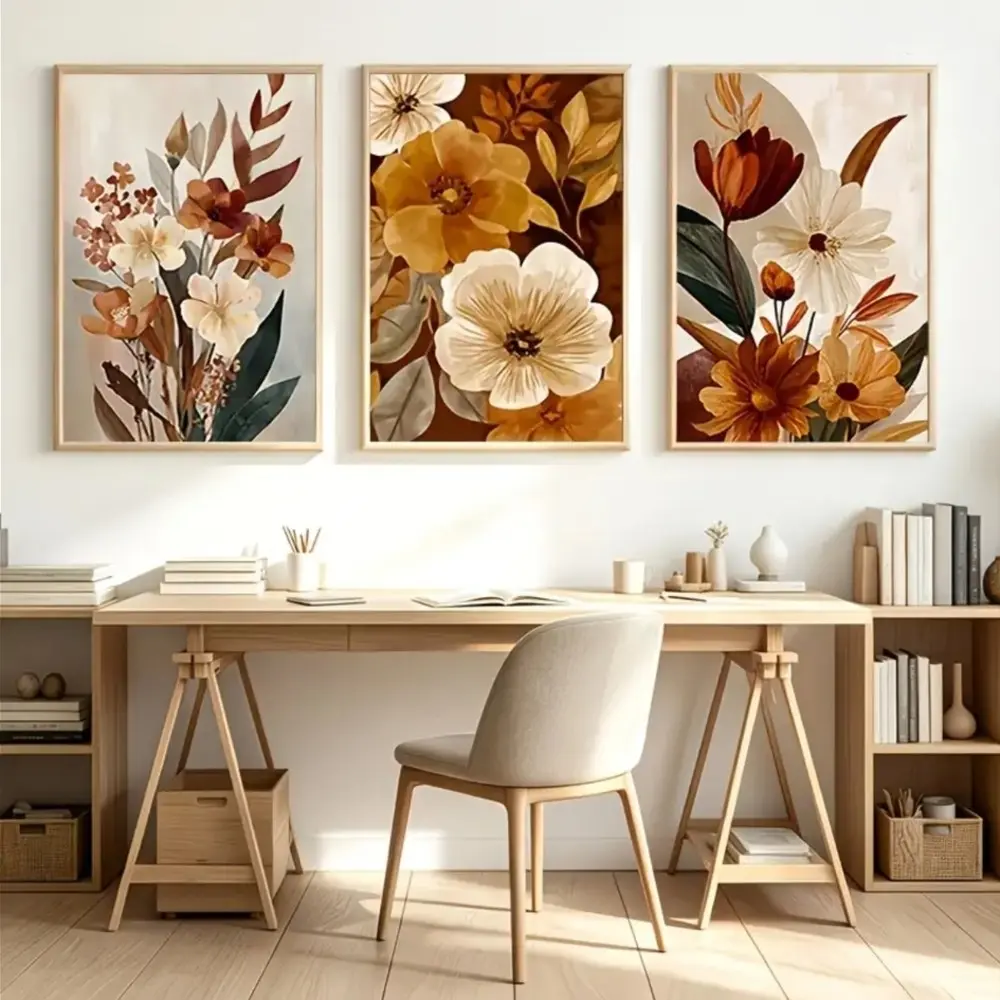 3-piece Bohemian Burnt Orange Watercolor Autumn Floral Art Prints, Neutral Earth Tone Botanical Wall Decor, Soft Style, Framed and Unframed Options Available