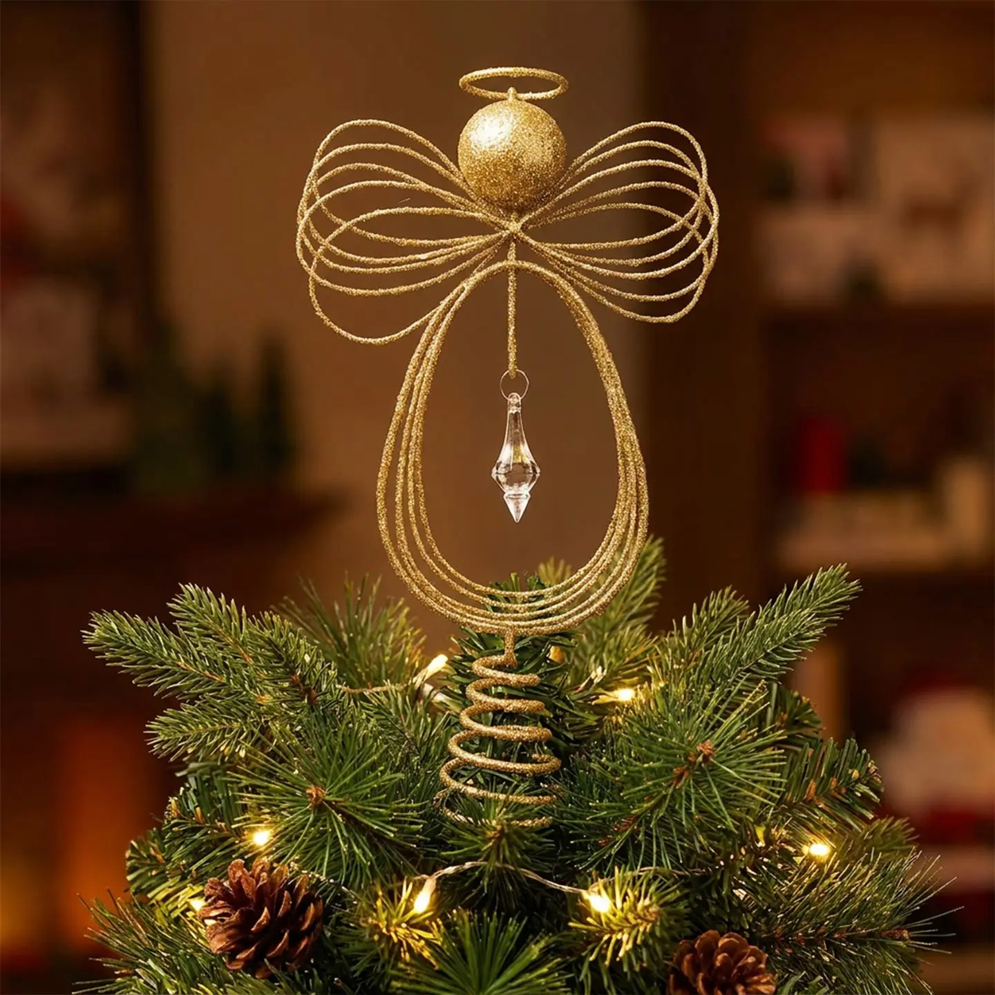 Christmas Gold Wire Angel Tree Topper, Crystal Pendant Spring Base, Luxury Sparkle Angel Ornament, Christmas Tree Decoration