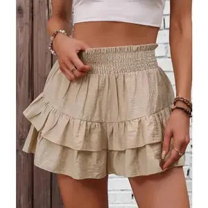 Women's Frill Trim Ruffle Hem Shirred Waist Shorts, Boho Casual Tiered Layer Shorts &, Ladies Bottoms Daily Wear, Womenswear, Rara Skirts