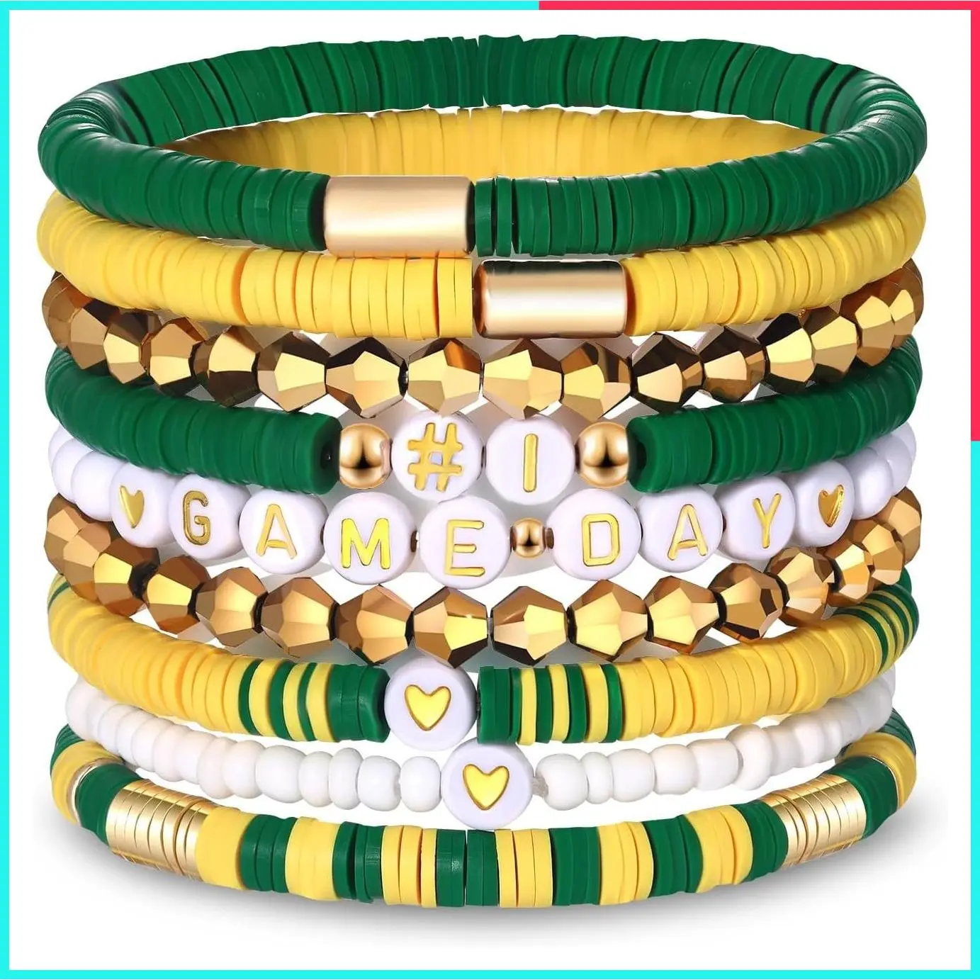 9 Pack Game Day Bracelets for Women Stackable Heishi Beaded Stretch Football Sports Fan Team Jewelry Accessories Gifts