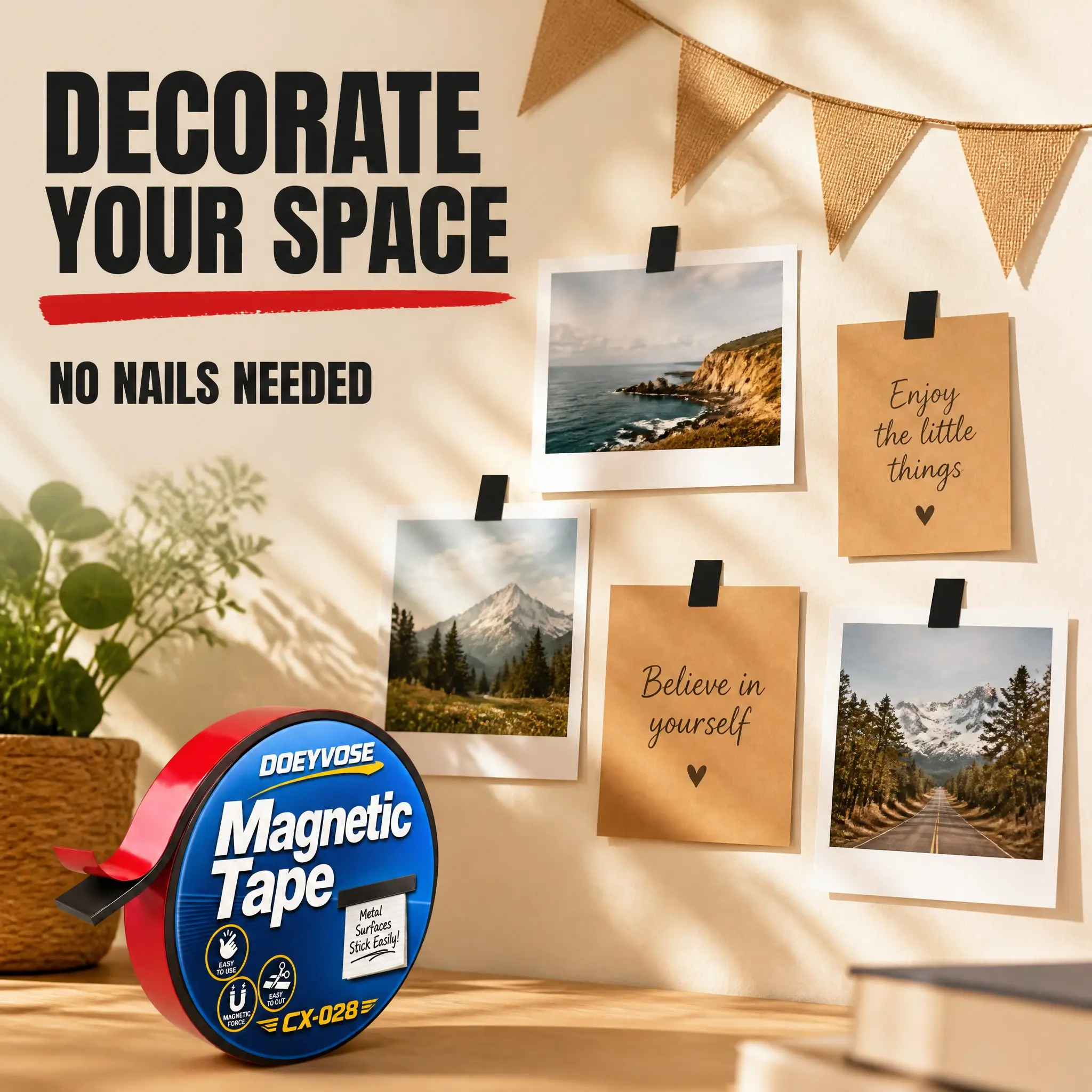 Strong Magnetic Tape, Adhesive Backed Magnet Strip for Fridge Organization, Notes, Photos, Grocery Lists, Recipes, Kids Artwork