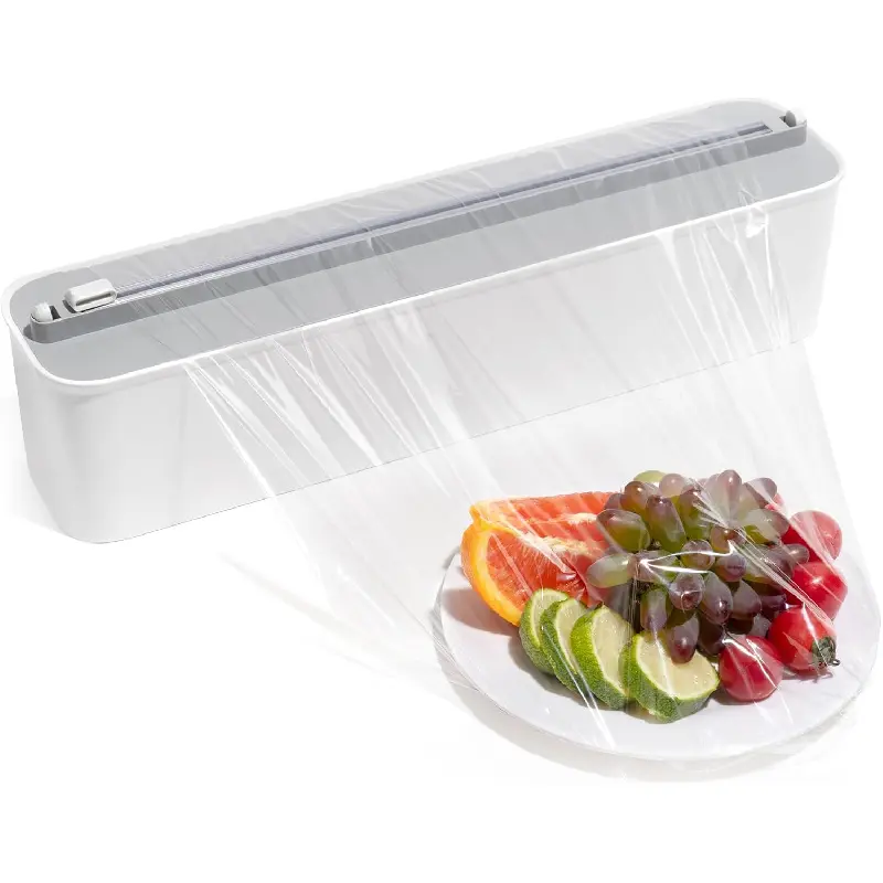Aluminum Foil & Plastic Wrap Dispenser with Cutter - Magnetic & No-Drill Wall Mount, Cling Film Dispenser for Countertops & Cabinets, Space-Saving Kitchen Organizer - Fits 300 m Rolls, White
