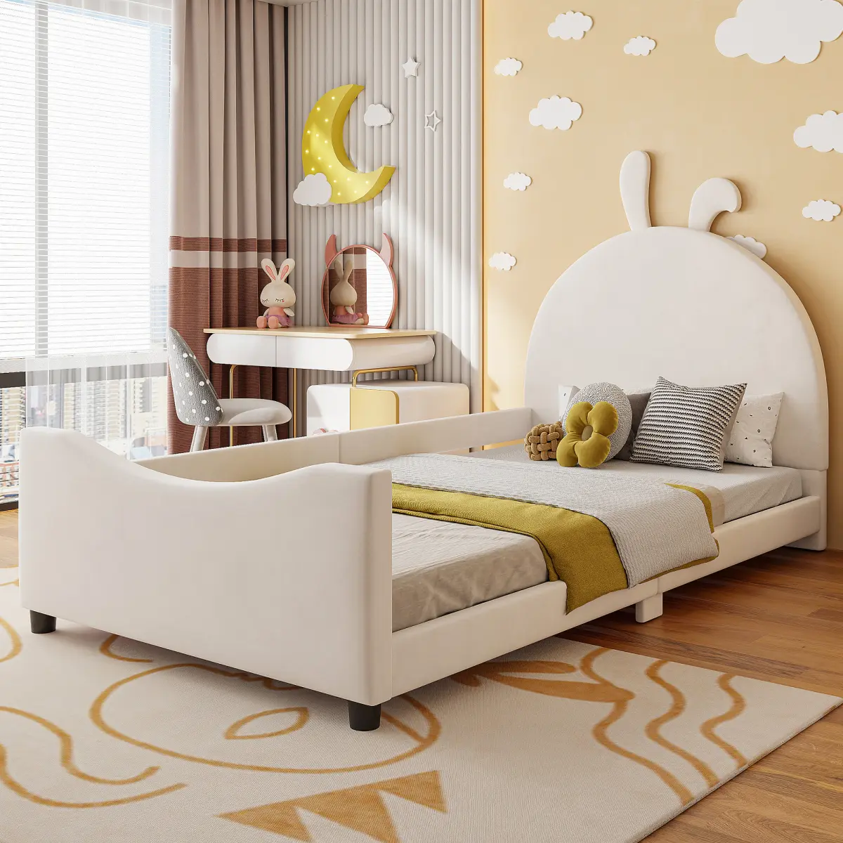 Modern Twin Size Wood Upholstered Daybed with Rabbit Ear-Shaped Headboard, 78.7"l x 41.3"w x 47.2"h, Beige, Assembly Required