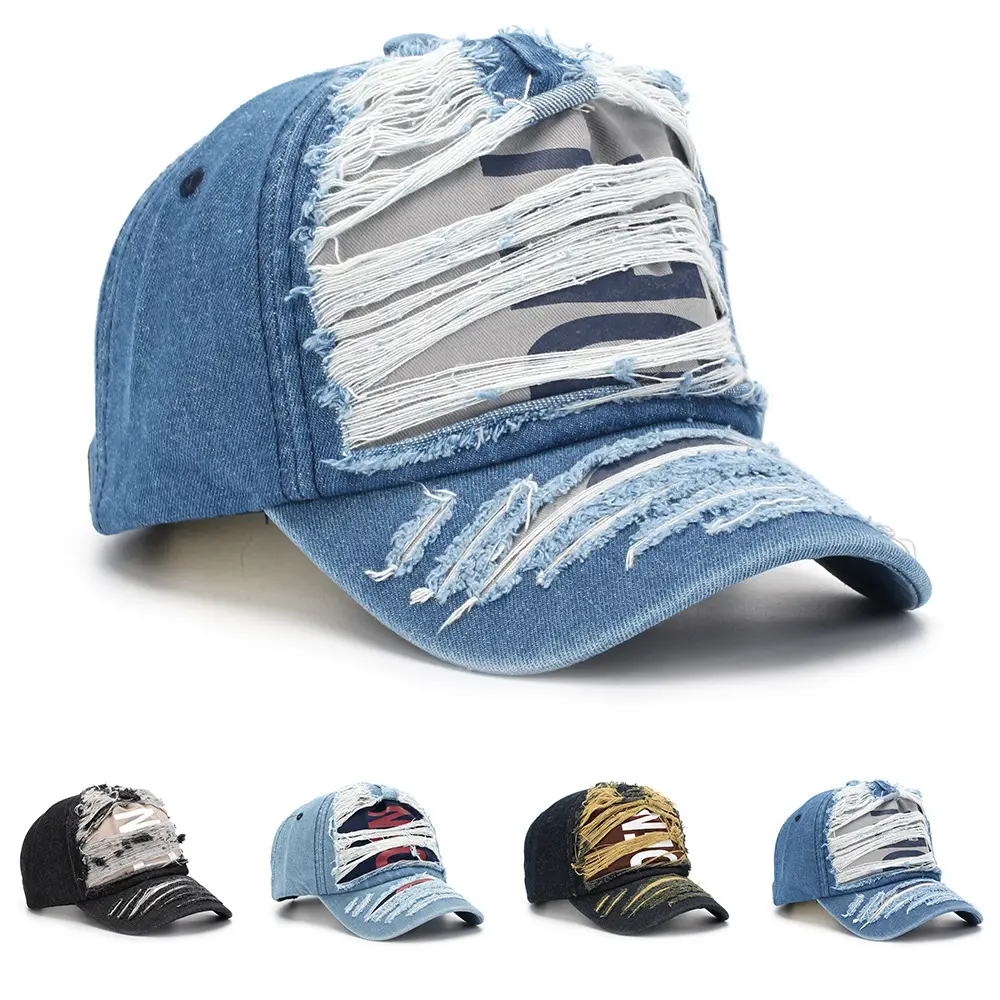 Men Women Vintage Distressed Denim Baseball Cap Washed Ripped Curved Brim Line Letter Graphic Adjustable Sun Protection Casual Peaked Hat for Street Fashion Travel Hiking Shopping Daily Outdoor Wear