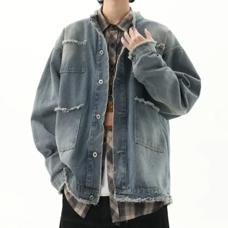 Men's Vintage Distressed Raw Edge Denim Jacket - Menswear Tops Coats, Spring & Autumn Faded Washed Fabric, Multi-Panel Multi-Pocket, Drop Shoulder, Casual Stylish Streetwear, Daily Street & Layered Commute Looks