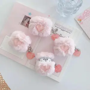 Fluffy Plush Heart Earphone Case for AirPods Pro 3 Pro 2 4 3 2 1 Cover Soft Furry Cover With Glitter Heart Good Luck Keychain