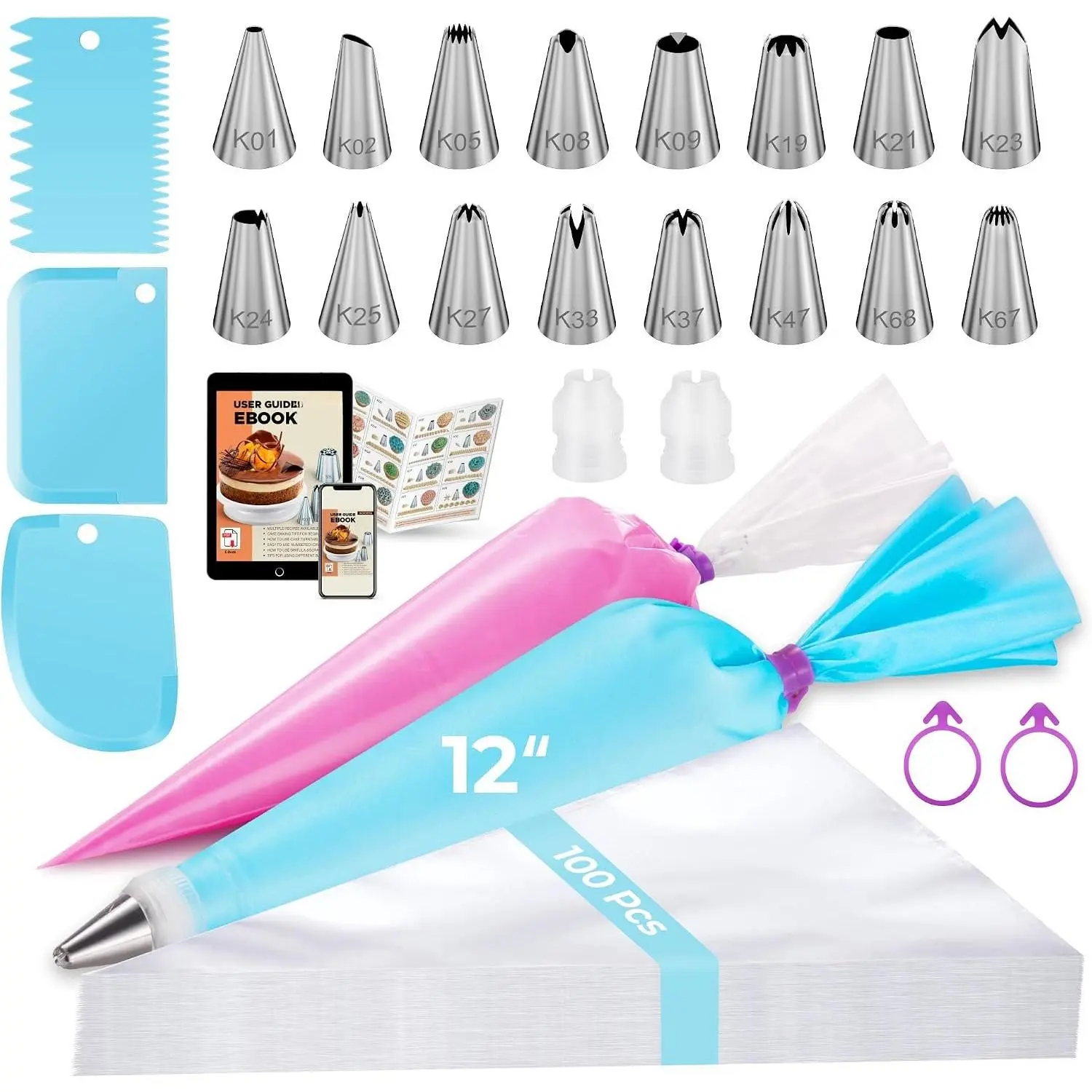 124 Icing Piping Bags and Tips Set Frosting Cake Decorating Kit Blue | Baking Supplies Tools, 100 +1 Piping Bags 12", 16 Icing Piping Tips,  Pastry Bag, 3 Scrapers, for Beginners & Pros