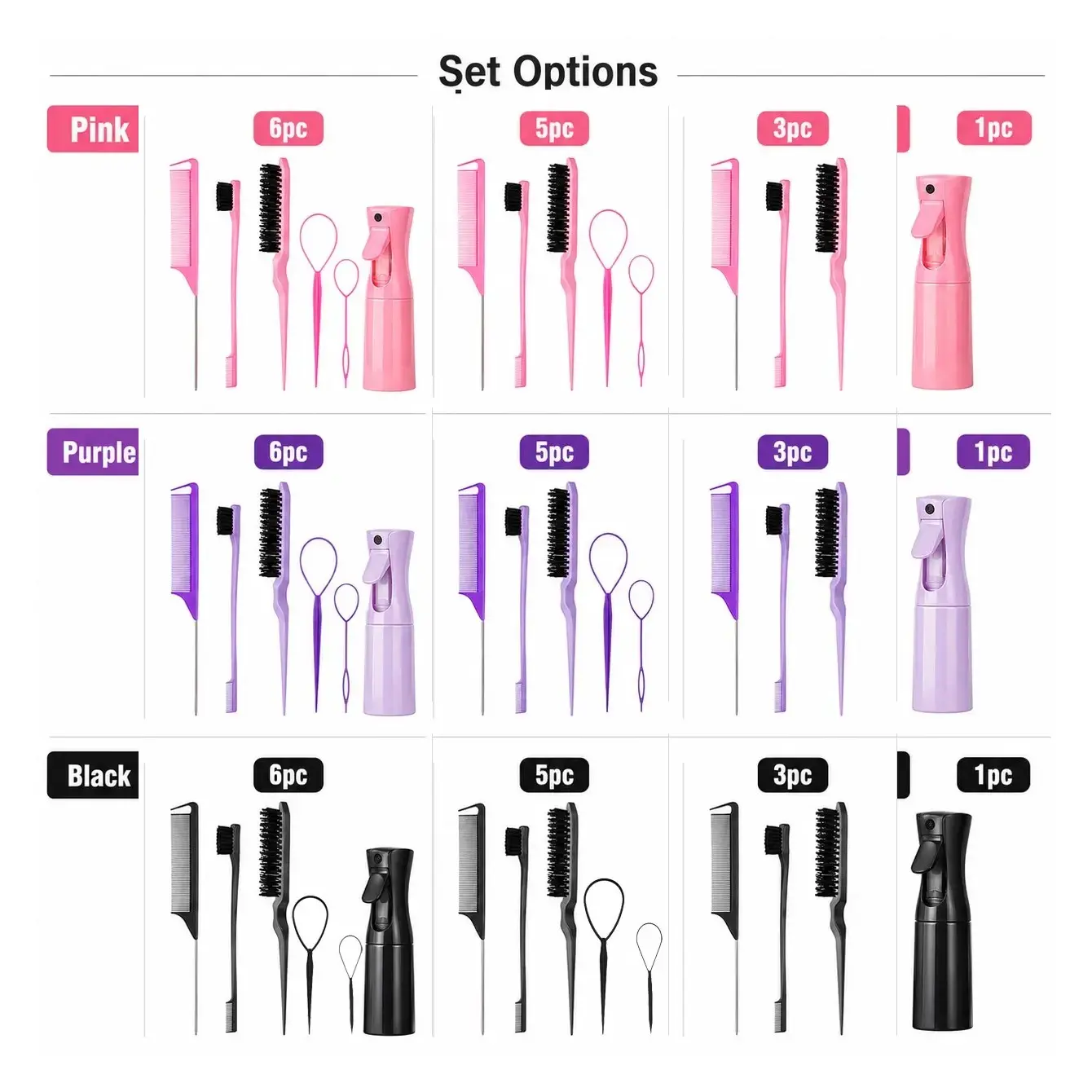 1/3/5/6 Counts Hair Styling Kit Home Styling Tool with Rat-Tail Comb, Edge Brush, Spray Bottle, Hair Ties and Brushes, Hair Brush Set for Sleek Slicked-Back Styles, Braids, Ponytails and Wigs, Hair Braiding Tools, Hairdressing Tool Set