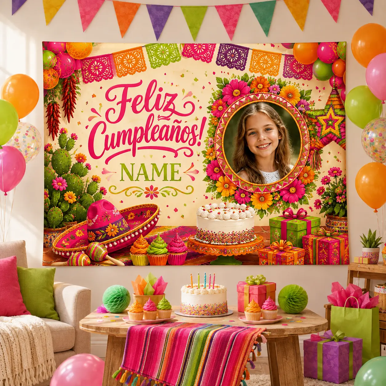 Personalized Floral Birthday Backdrop with Photo and Name, Garden Flower Party Decoration Banner