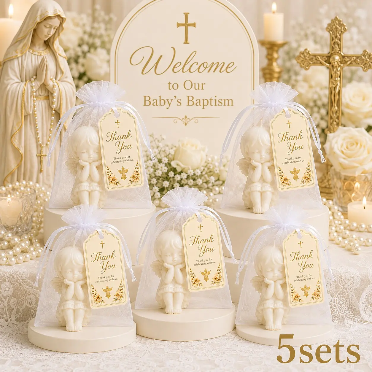 5/10 Sets White Angel Candle Favor Set with Organza Bags & Thank You Cards, Baby Shower Favors, Baptism and Christening Favors, First Communion Gifts, Christian Religious Party Guest Keepsakes