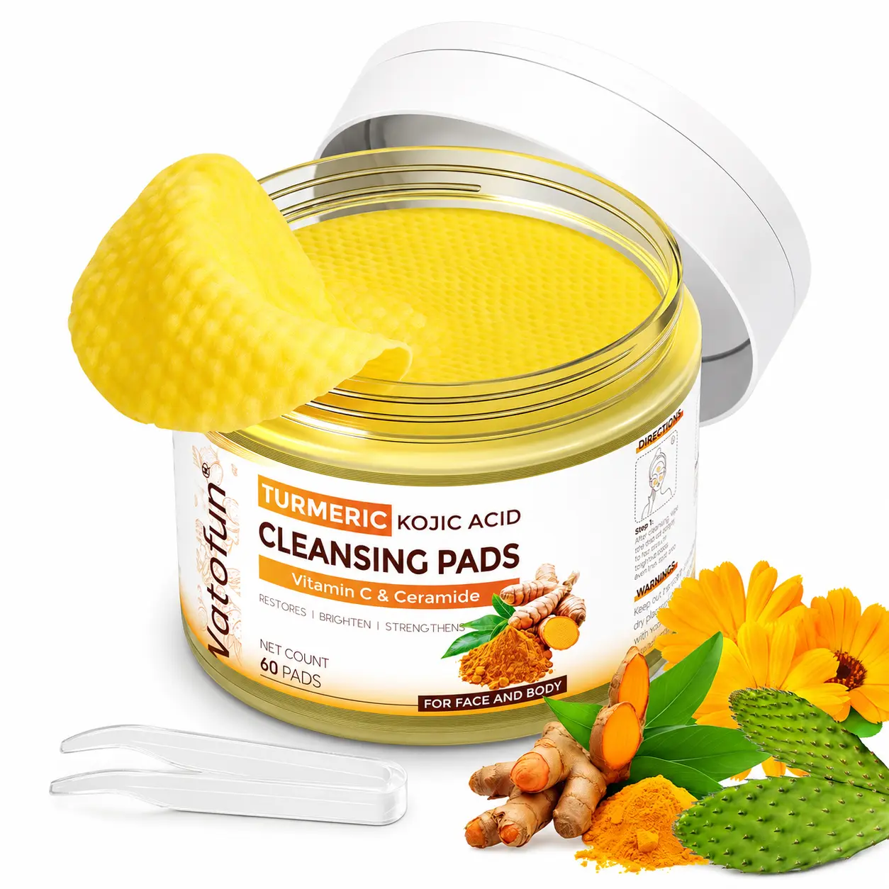[New] Watofun Turmeric Kojic Acid Toner Pads with Vitamin C & Ceramide, Dark Spot & Pigmentation Care for Uneven Skin Tone, Brightening Cleansing Pads for Face and Body, 60 Pads