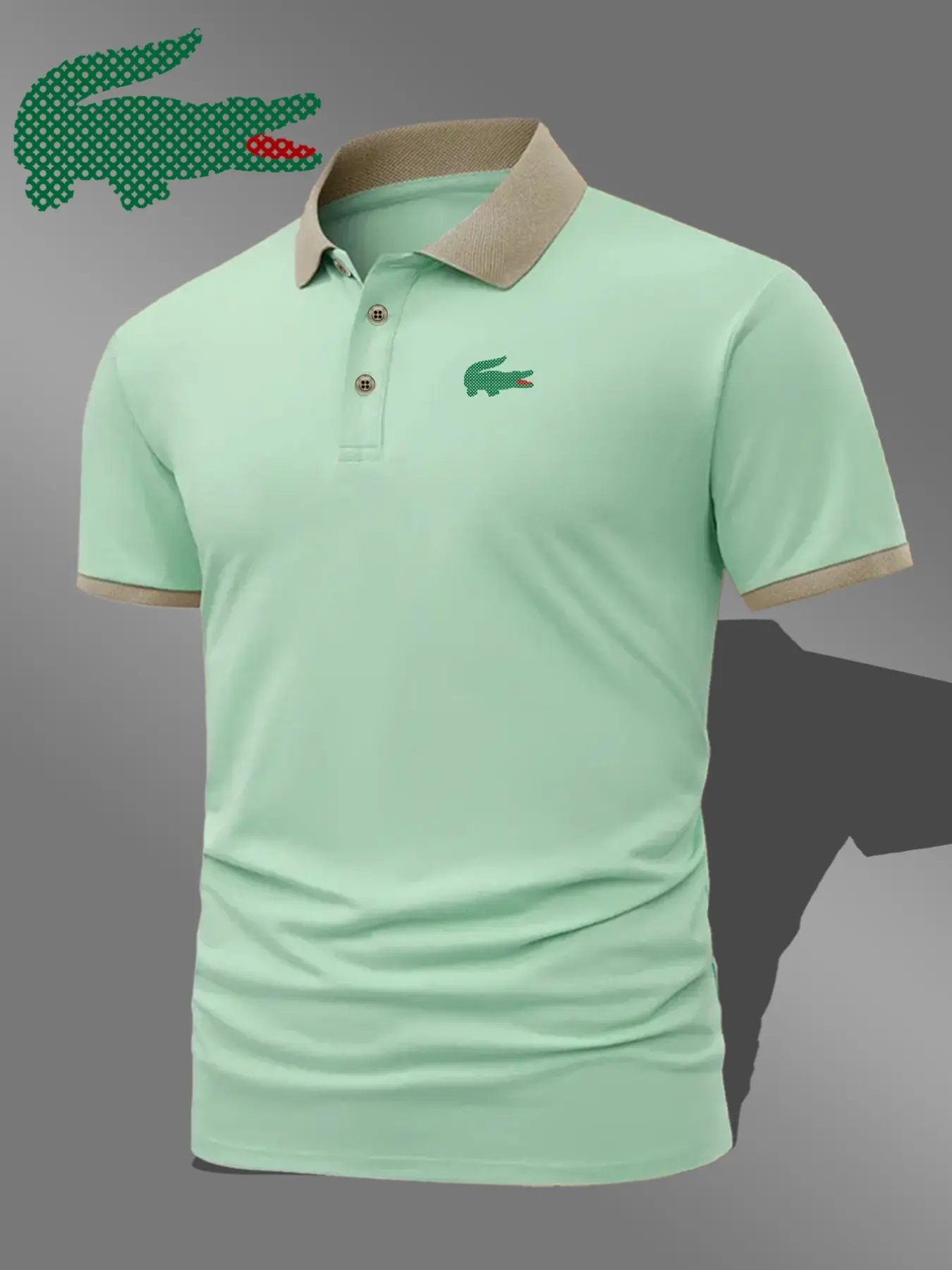 Men's All-Season Crocodile Print Polo Shirt, Comfortable Casual Fitted Short Sleeve, Breathable Elastic Fabric, Bestselling Style