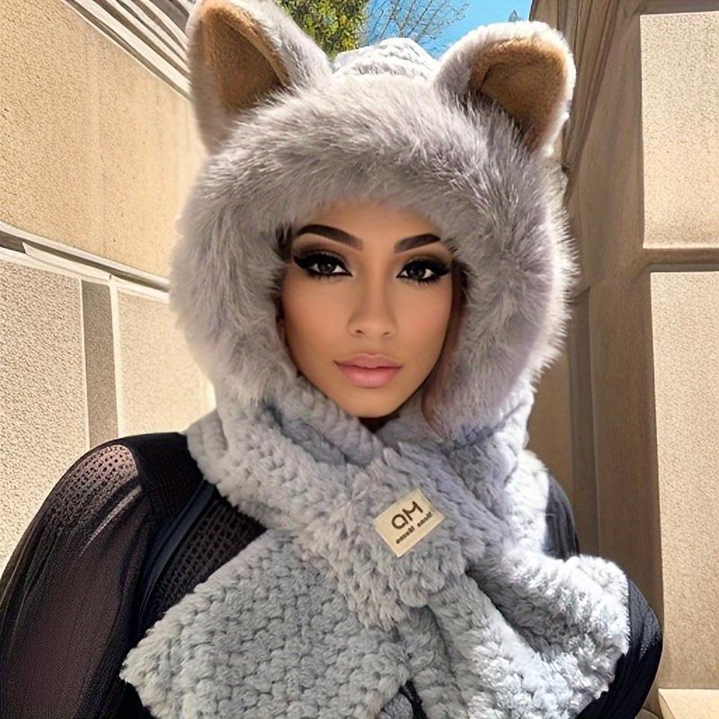 Upgraded Winter Plush Hooded Scarf Hat with Cartoon Ears Solid Color Neck Warmer for Women Soft Warm Thickened Material Unisex