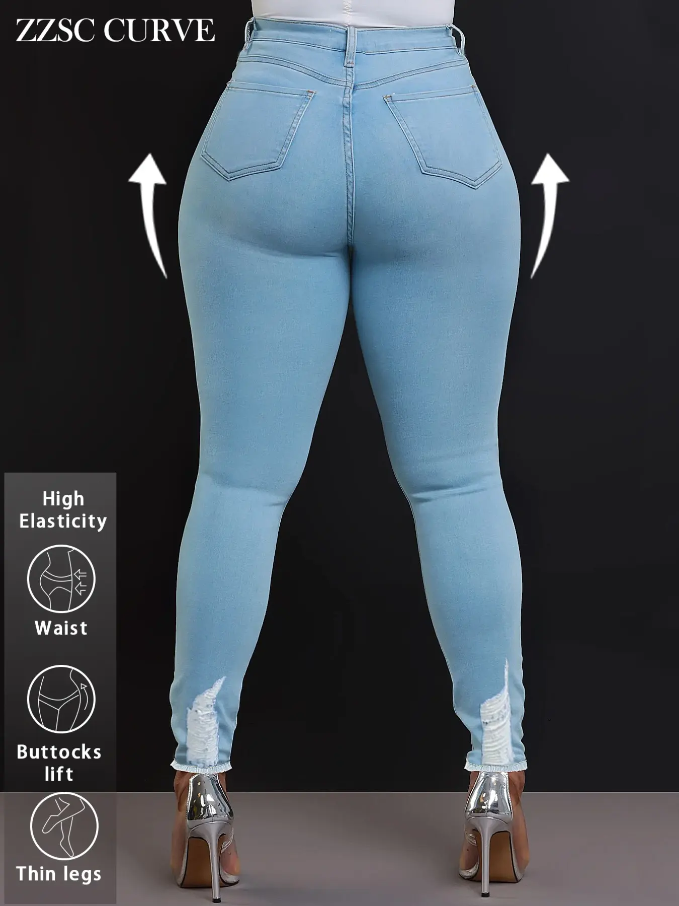 Plus Size Light Blue High Waist Ripped Skinny Jeans, Stretchy and Breathable, Flattering Fit, All Seasons Wear