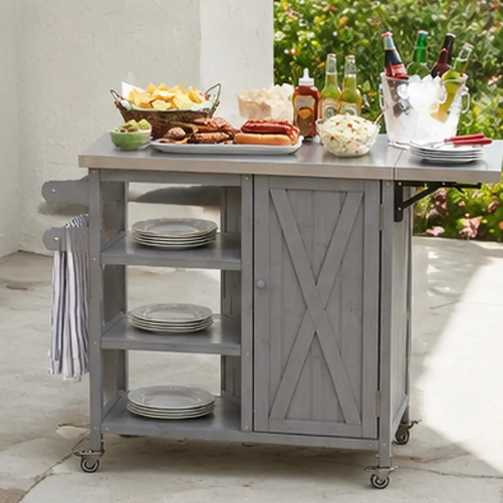 ARCH Foldable Outdoor Kitchen Island Cart with Lockable Wheels, Stainless Steel Worktop, Fir Wood Storage Cabinet, Towel Rack, Portable Prep Station for Patio Garden BBQ, Grey, Grey Color Options, Wood + Stainless Steel Material, American Design Styl, 15.