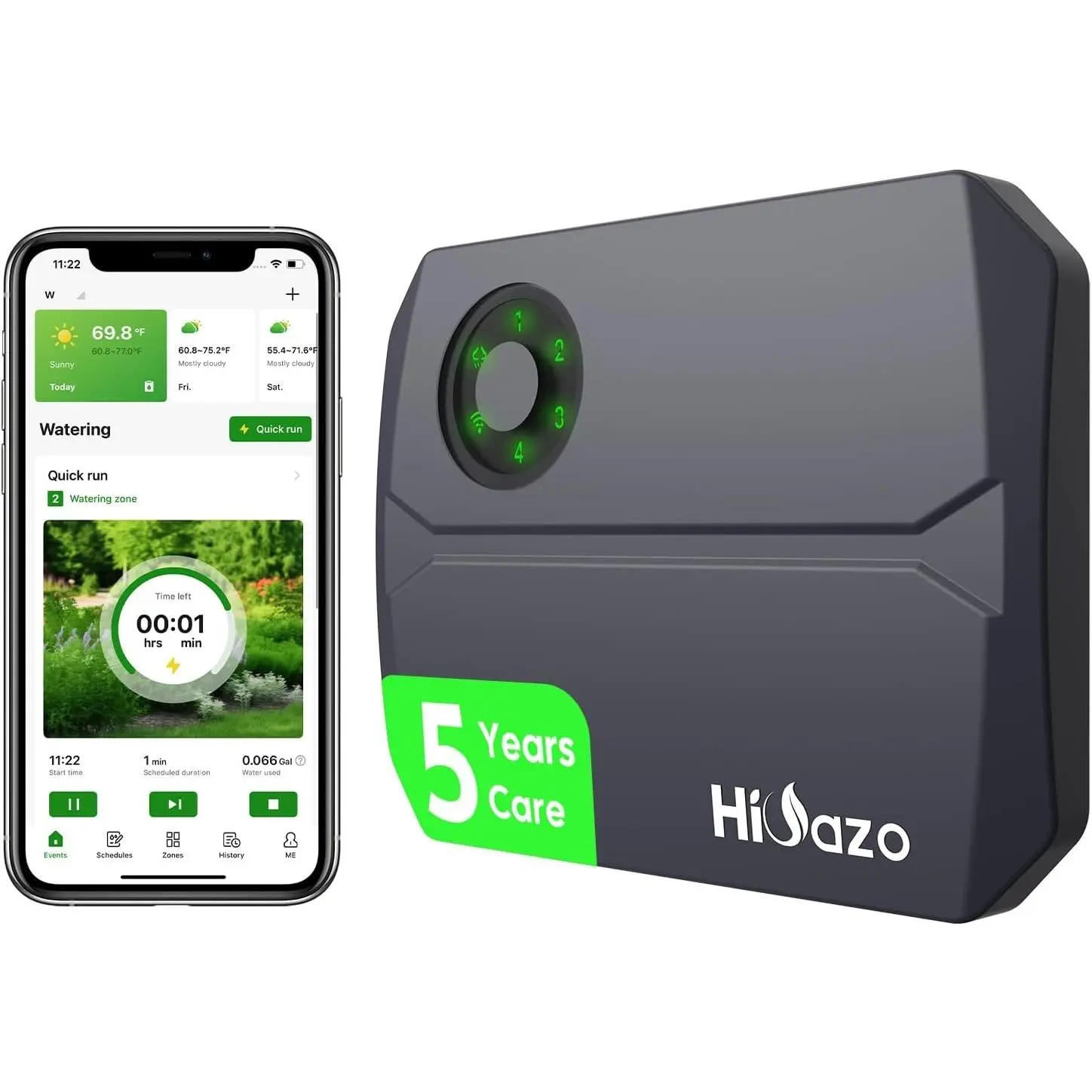 2.4GHz WiFi Smart Sprinklers Controller, App Enabled Easy Use Irrigation Controller, 4 Zones 16 Plans, Save Water Auto Skip Rain Freeze Wind, 10 Minutes Install