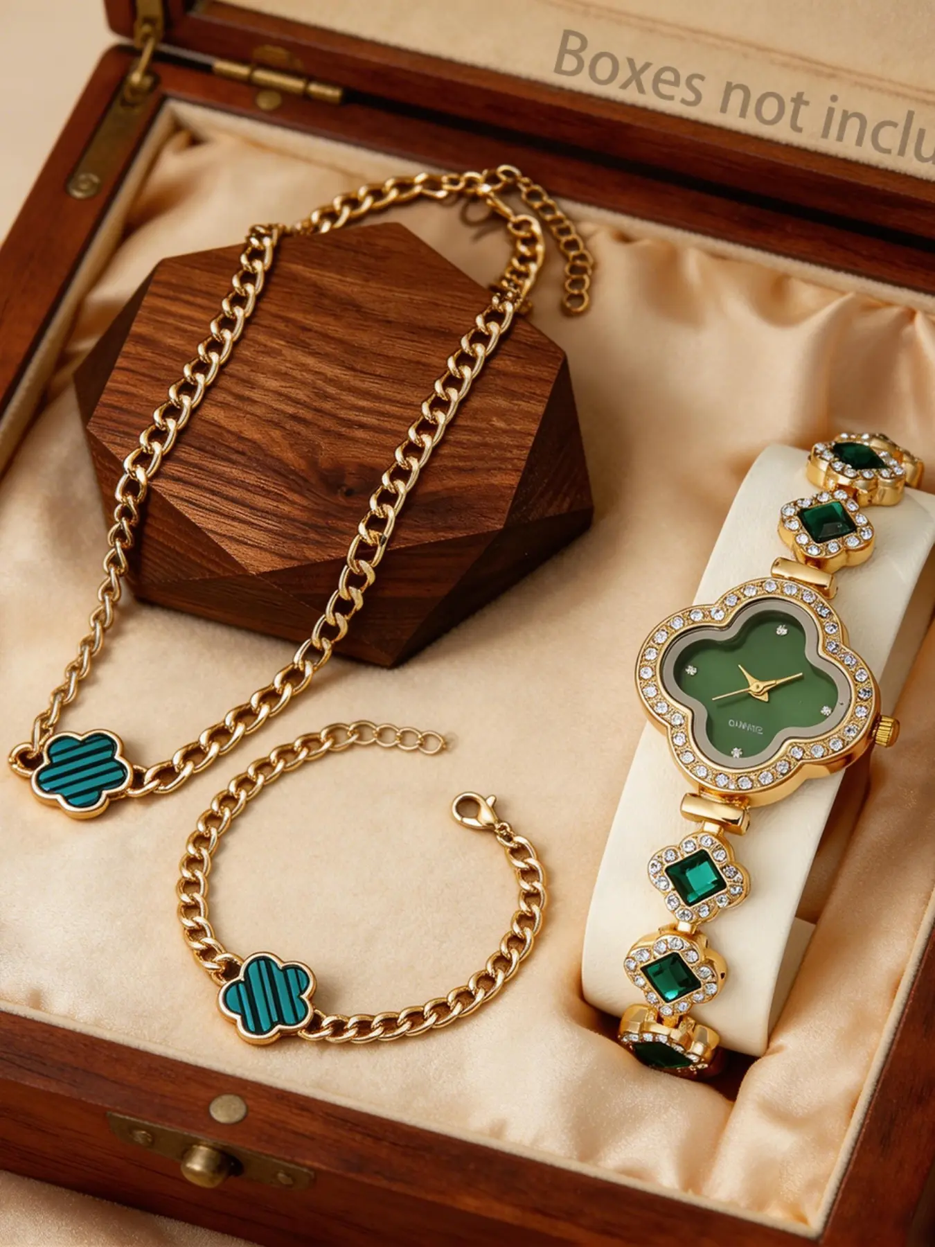 3pcs Elegant Women's Fashion Jewelry Set Bejeweled Kit, Clover Watch + Necklace Bracelet, Perfect Gift for Girlfriend, Friends, Holidays, Birthdays