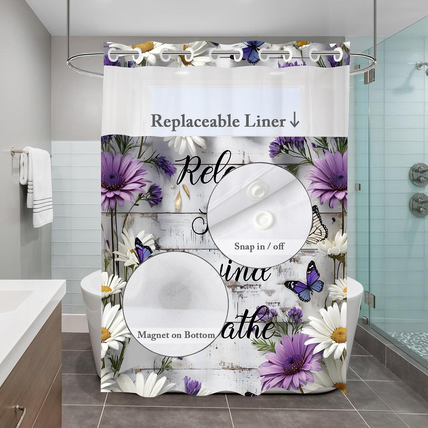 Floral Butterfly Letter Pattern Shower Curtain, 1 Count Waterproof Shower Curtain with Hooks, Bathroom Decor Supplies for Home Hotel Salon Dormitory