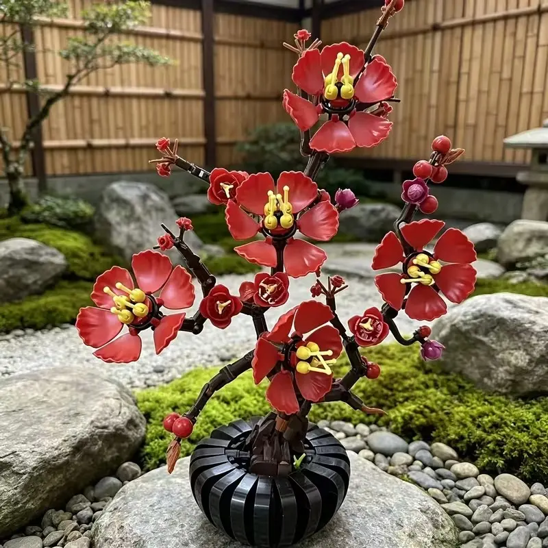 Plum Blossom Potted Building Block Toy Set, Eternal Flower Desktop Decoration, Holiday Gift, Realistic Design, Durable & Stylish